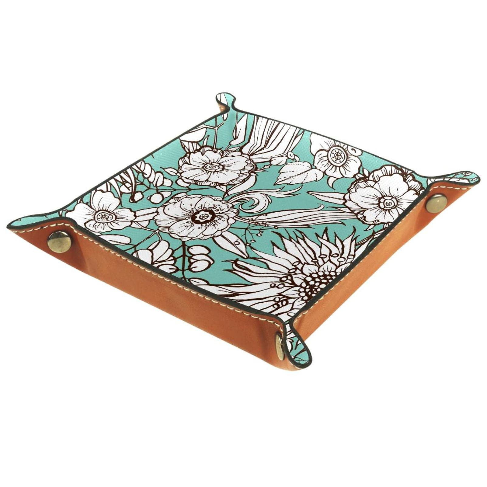 Premium Leather Valet Tray Organizer - Blue Flower Design Desktop Catchall Tray for Wallets, Watches, Keys, Coins & Phones | Nightstand, Dresser & Office Storage Solution | Perfect for Home, Office & Travel Organization