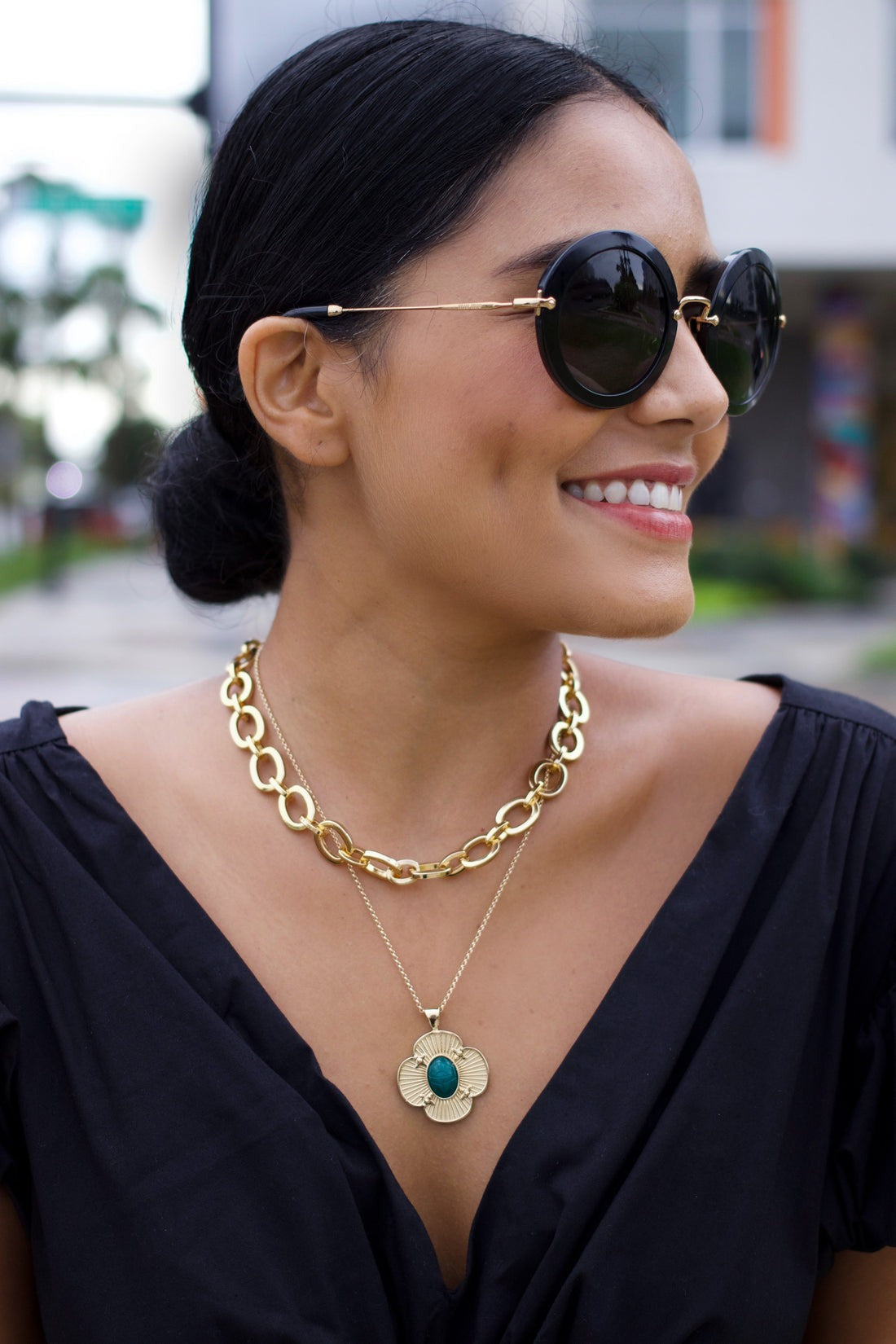 Jane Win Chunky Link Chain Necklace with Lapis Lazuli Beads - Elegant Statement Jewelry for Women, Perfect for Parties, Weddings & Everyday Wear