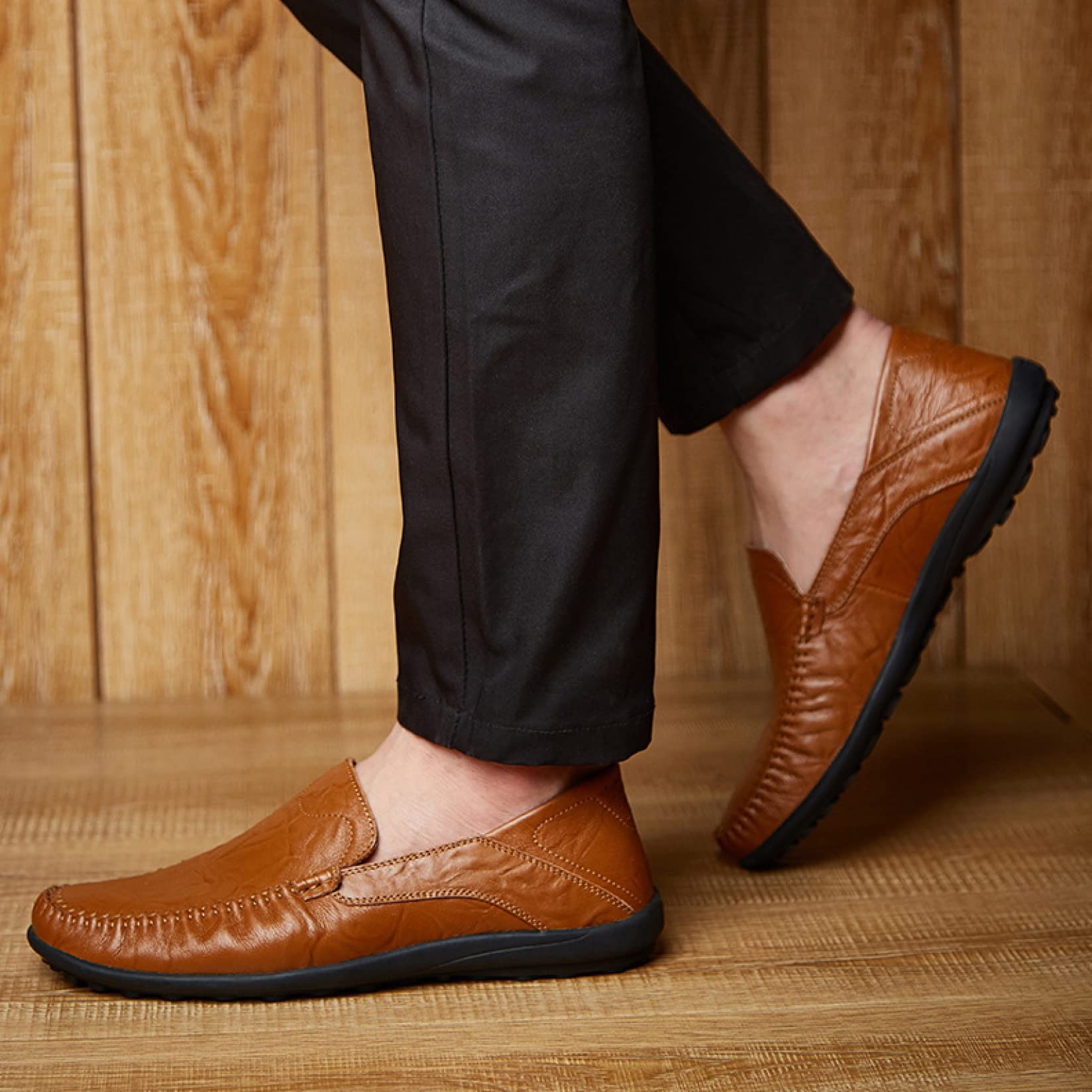 Hoxekle Men's Casual Boat Shoes - Retro PU Leather Loafers, Breathable Driving Shoes for Men, Comfortable Slip-On Flats for Outdoor Walking & Daily Wear