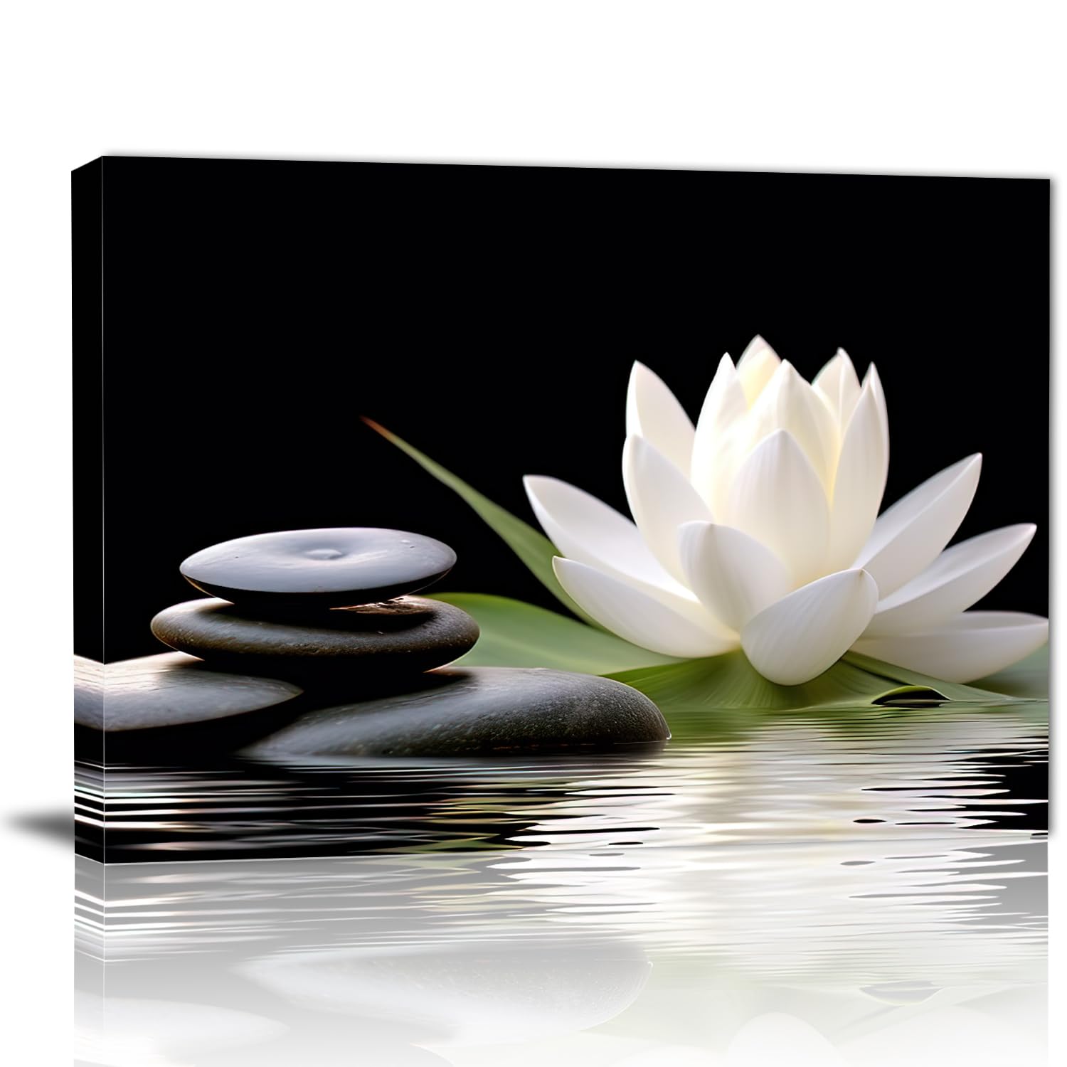 GLOKAKA White Lotus Bloom in Water Zen Wall Art with Spa Stone - Black and White Bathroom Canvas Painting for Yoga Meditation, Living Room & Office Decor - Perfect for Spa, Zen Gardens & Relaxation Spaces