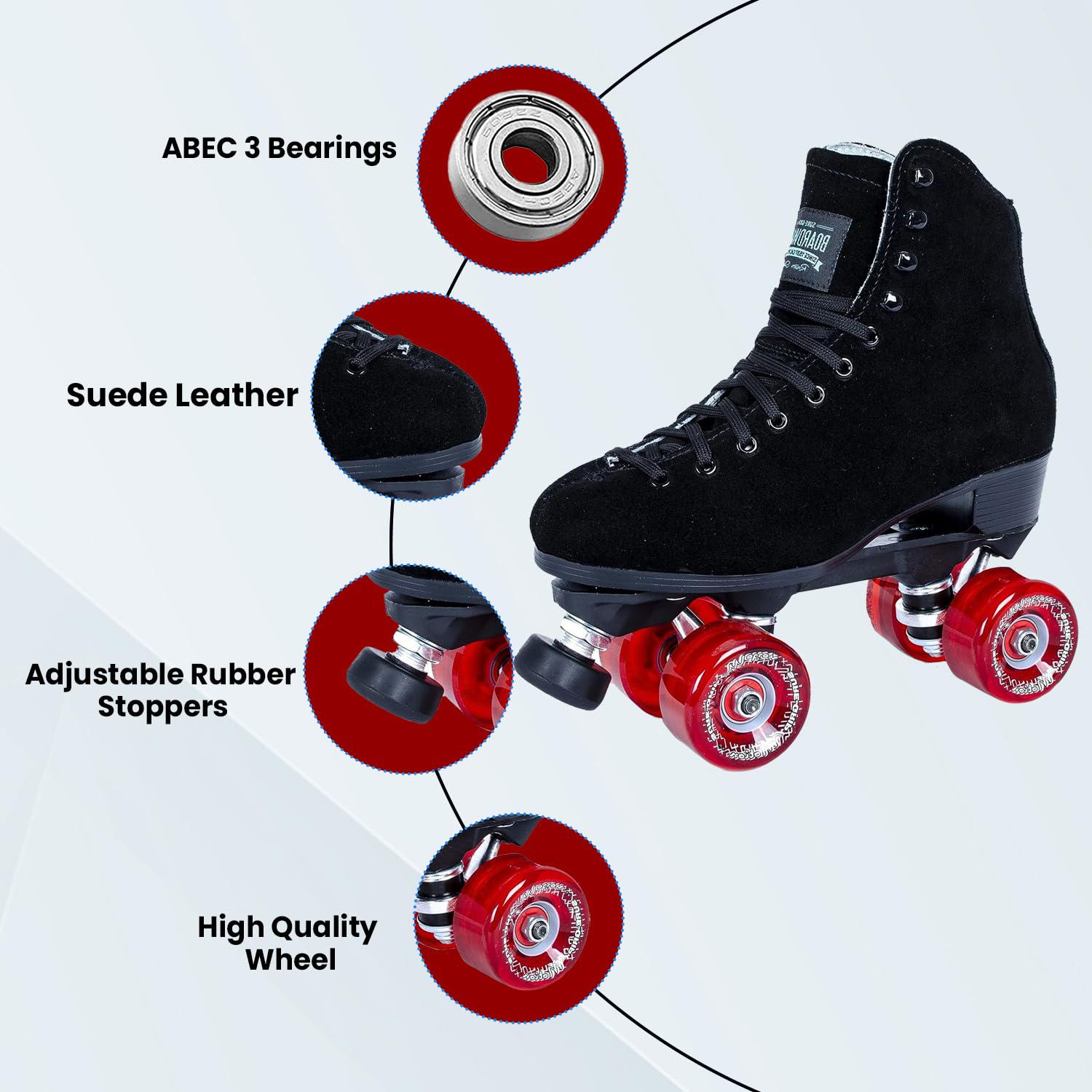 Sure Grip Boardwalk Unisex Outdoor Roller Skates - Durable Suede Material, ABEC 3 Bearings, 78A Soft 62mm Red Motion Wheels - Perfect for Park Trails and Urban Skating