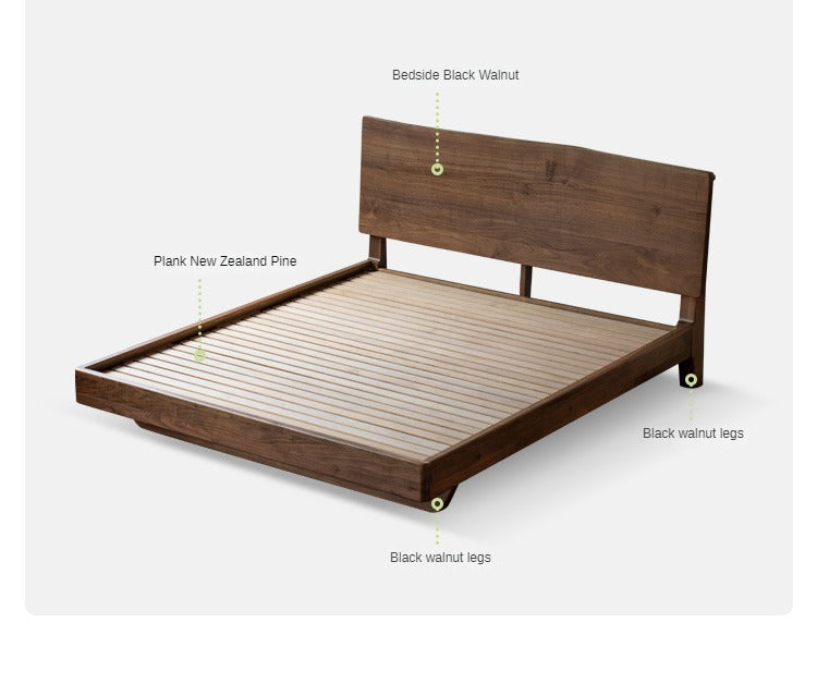 Black Walnut Solid Wood Bed Frame - Wabi Sabi Style Minimalist Bedroom Furniture for Zen & Japandi Home Decor