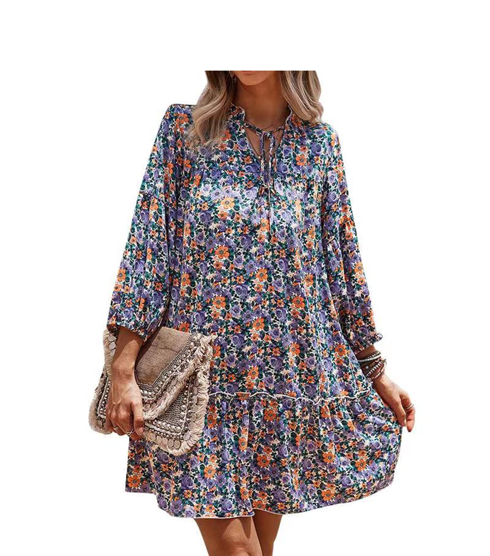 MOONSIROLI Women's Long Sleeve Boho Floral Dress - V Neck Casual Flowy Maxi Dress for Beach, Vacation & Everyday Wear