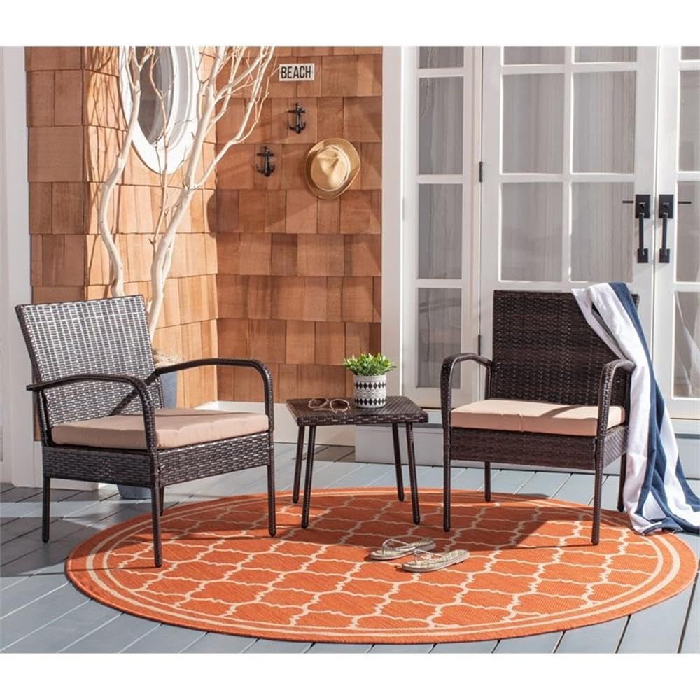 SAFAVIEH Outdoor Collection Moore Brown Rattan/Beige 3-Piece Patio Lounge Set with Cushions & Table (PAT9009B) - Perfect for Garden, Balcony, and Backyard Relaxation