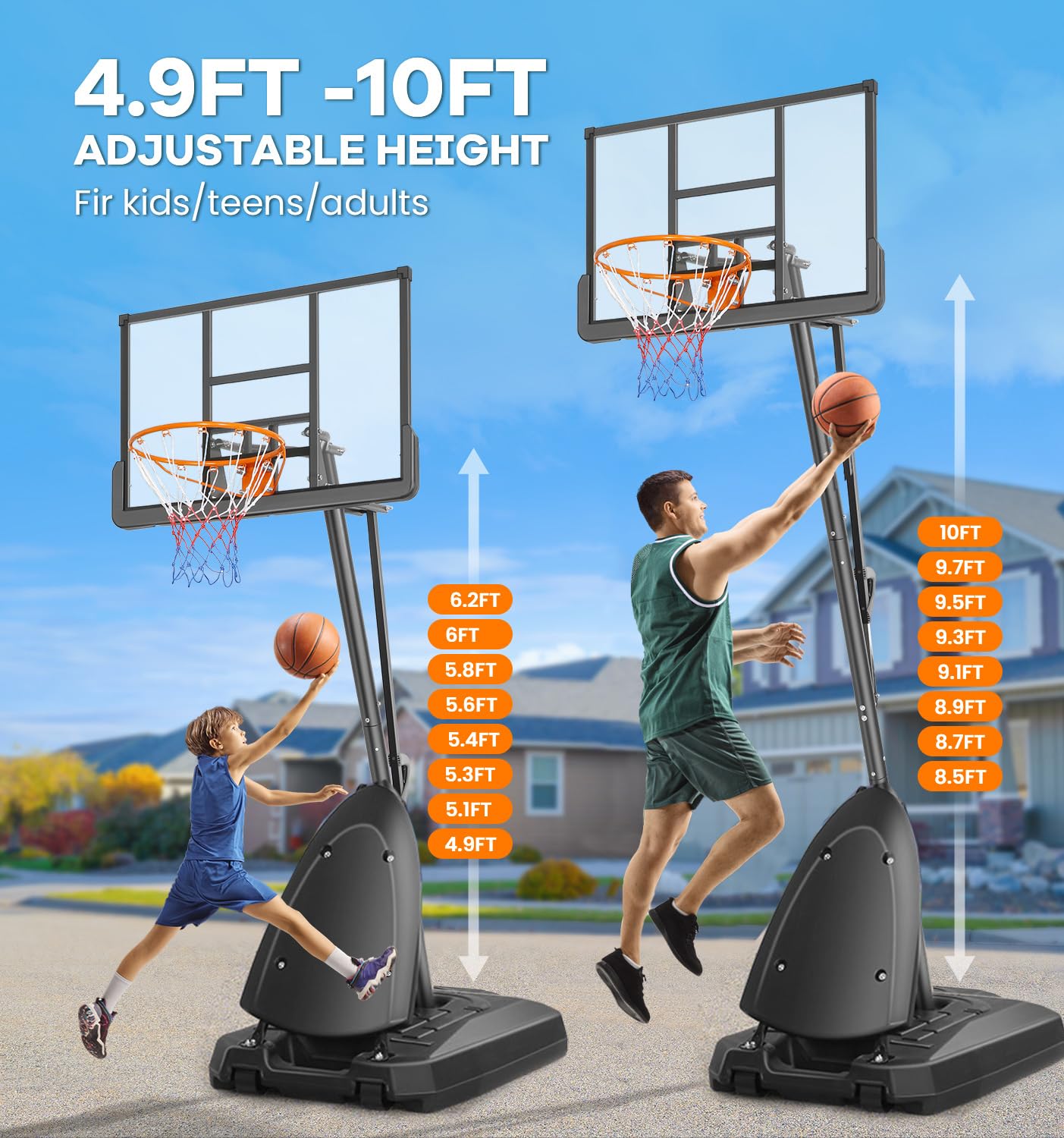 10ft Adjustable Portable Basketball Hoop System - 48 Inch Shatterproof Backboard with Fillable Base for Kids, Youth & Adults | Perfect for Backyard, Driveway & Indoor Use | Durable Outdoor Basketball Goal for Home & School Play