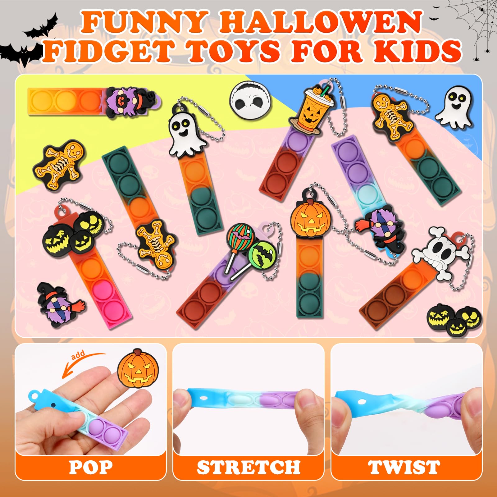 24-Piece Halloween Mini Pop Fidget Toys Bulk Pack - Sensory Stress Relief Keychain Toys for Kids, Party Favors, Classroom Prizes & Carnival Treasure - Perfect for Birthday Gifts, Desk Toys & Bag Fillers