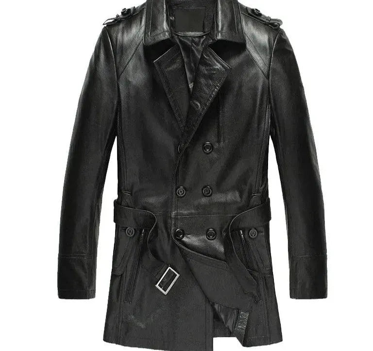 Premium Double Breasted Leather Trench Coat for Men - Waterproof & Stylish Outerwear for Business, Dating & Formal Occasions