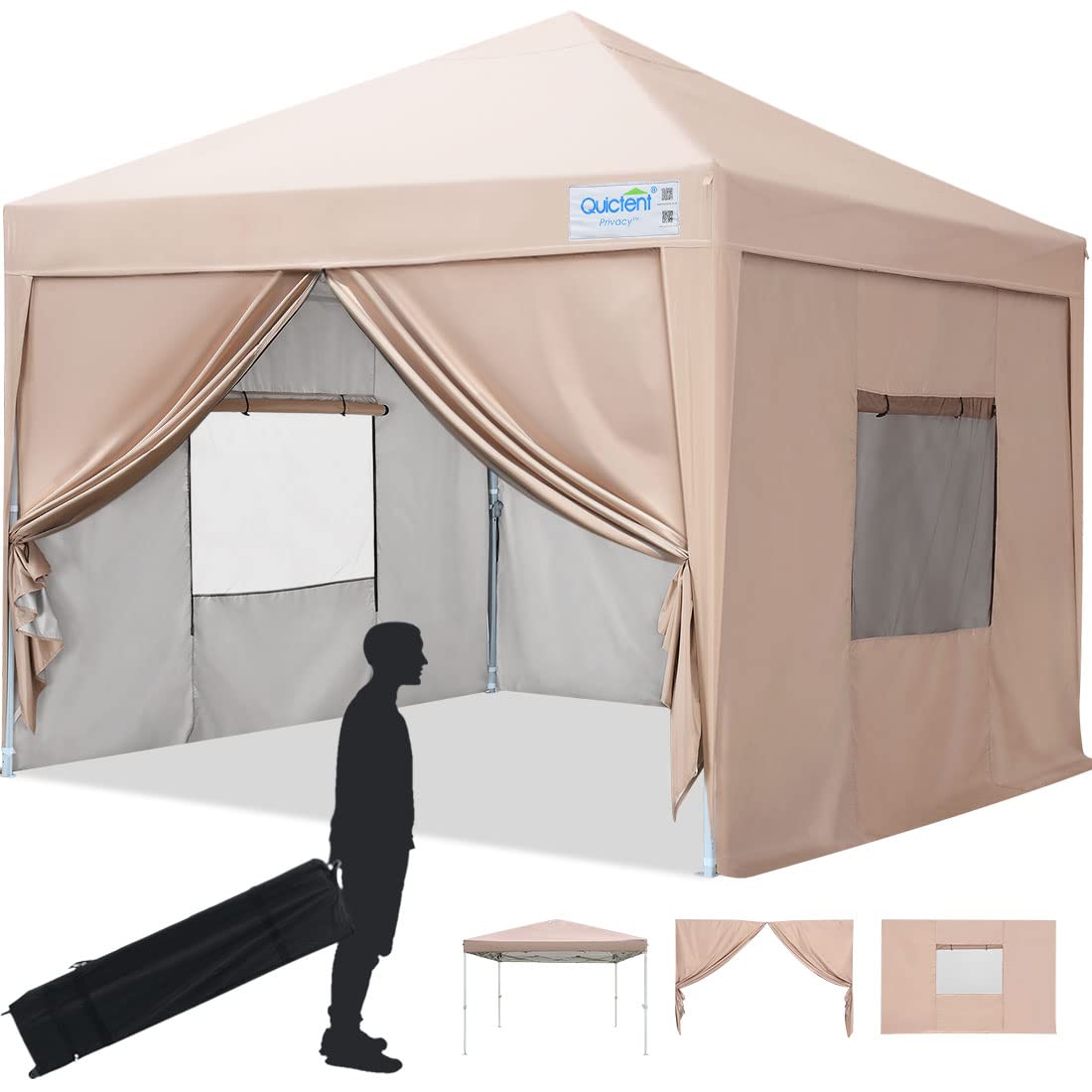 Quictent 8x8 Waterproof Pop Up Canopy Tent with Sidewalls & Mesh Windows - Beige - Perfect for Outdoor Events, Camping, and Market Stalls
