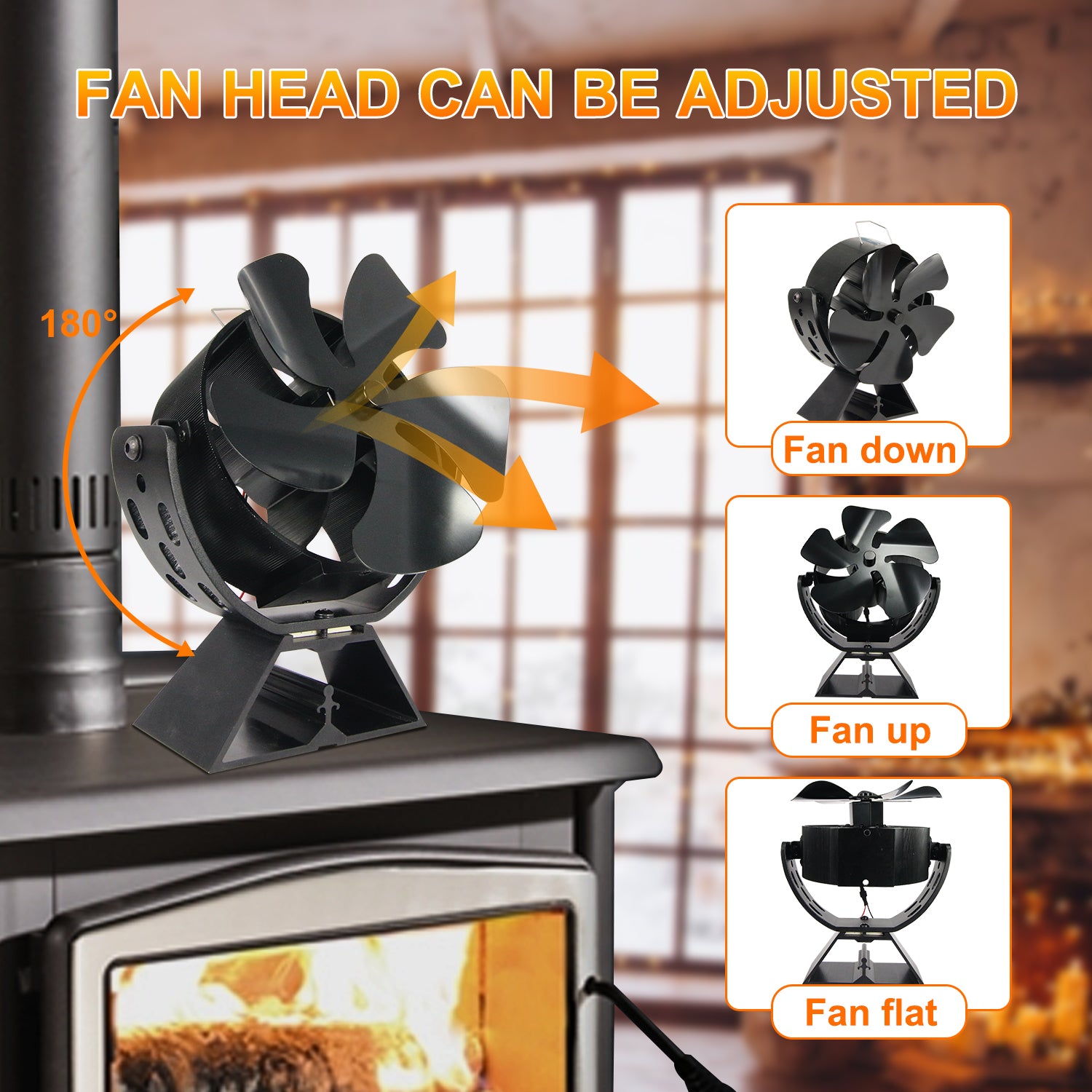 VODA 5-Blade Heat Powered Wood Stove Fan with 180° Adjustable Rotation - Efficient Fireplace Heating for Home, Cabin & RV Use