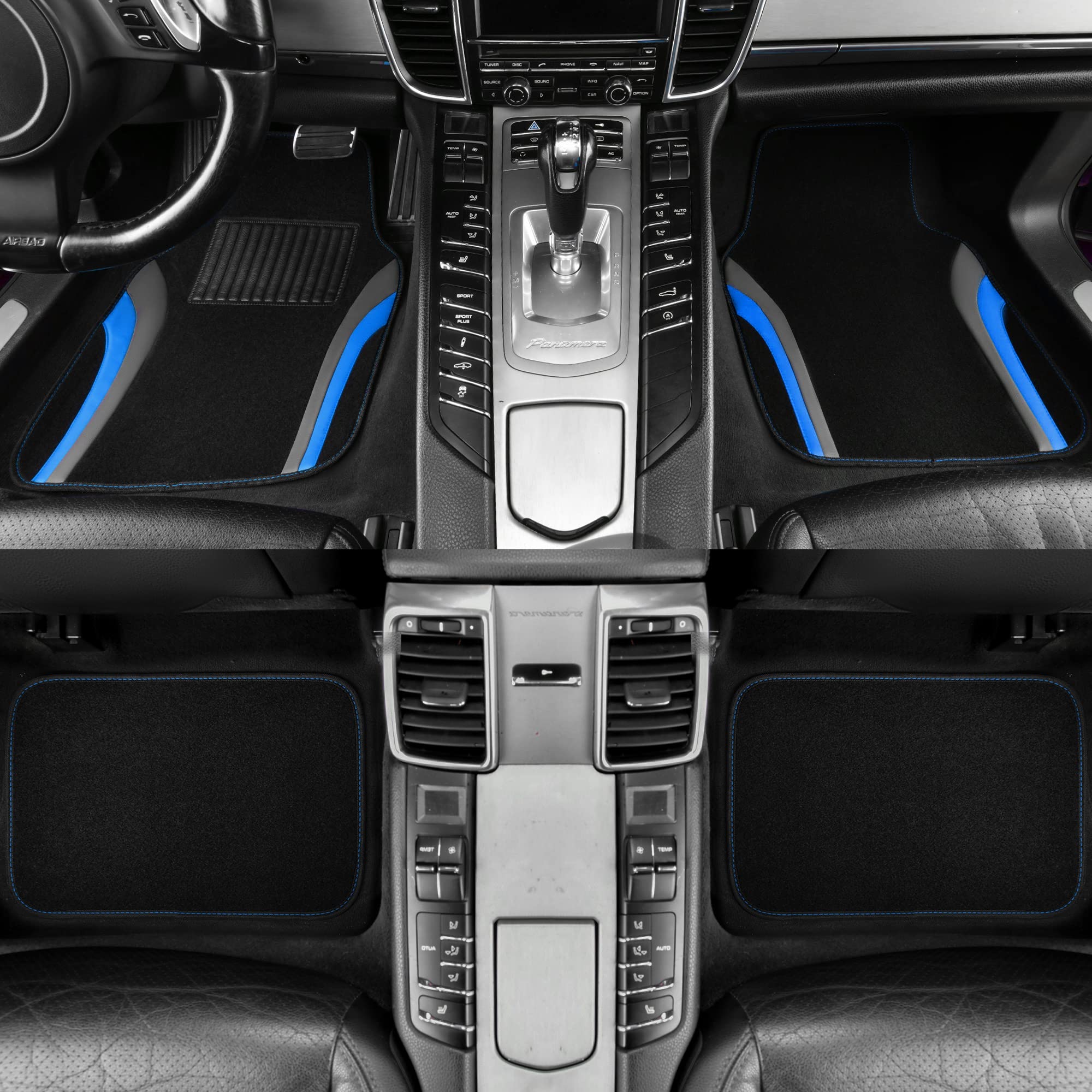 Premium Leather Sporty Car Floor Mats - Universal Waterproof Automotive Floor Liners for Sedans, SUVs, Trucks & Vans - 4-Piece Set (Black/Blue) - Durable Protection for All-Weather Driving & Easy Cleaning