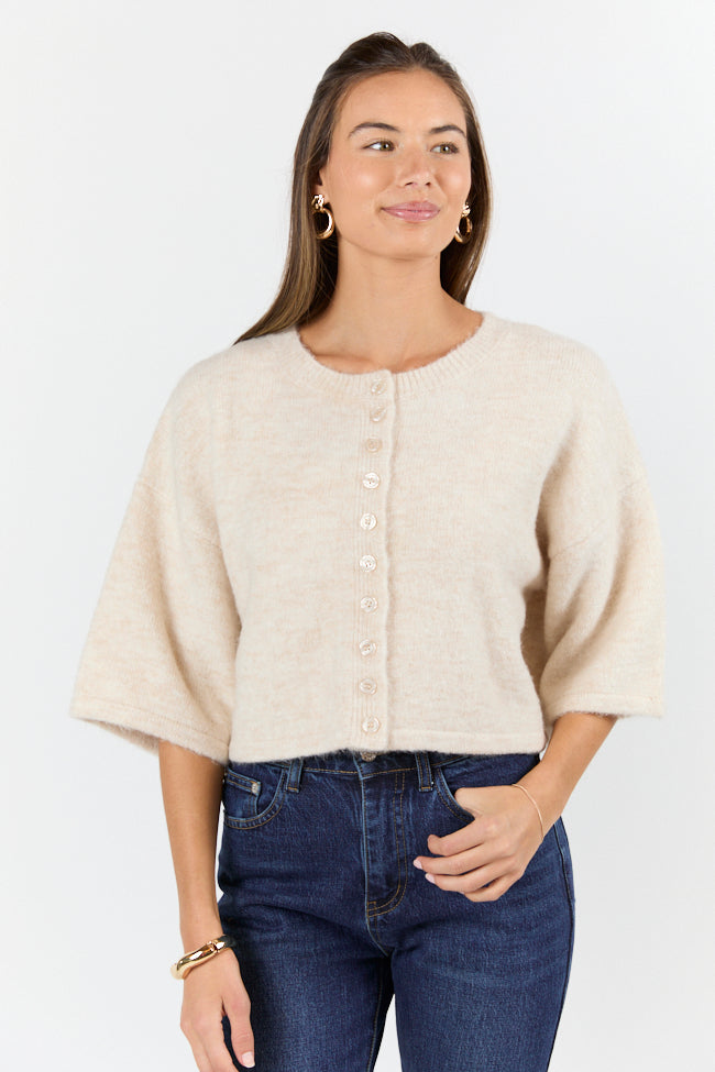 Beige Short Sleeve Crop Cardigan - Soft Summer Knit Sweater for Women | Perfect for Casual Outfits, Beach Cover-ups & Layering