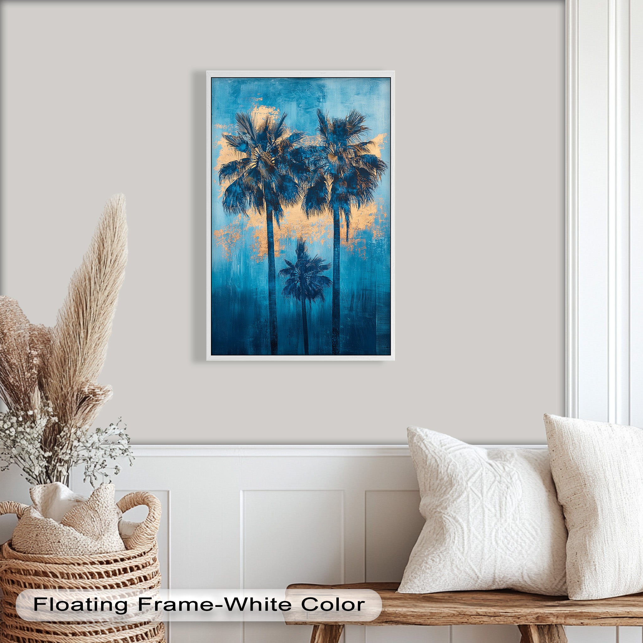 Blue Sunset Palms Tropical Oil Painting - Handmade Beach Wall Art for Living Room, Bedroom & Office Decor