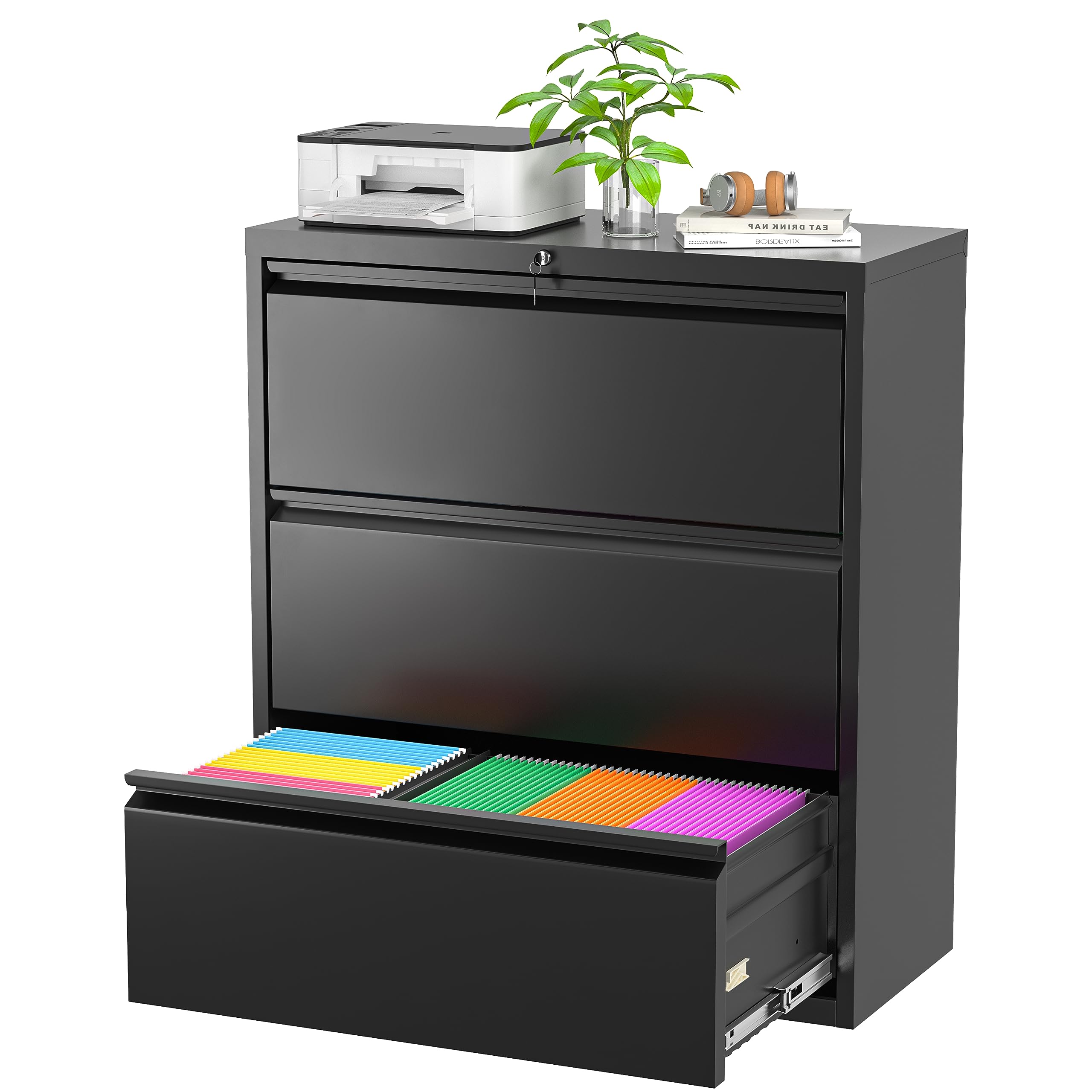 Superday 3-Drawer Lateral File Cabinet - Black Metal Office Filing Cabinet with Locking Drawers for Home & Office - Organize Legal, Letter, A4, F4 Documents
