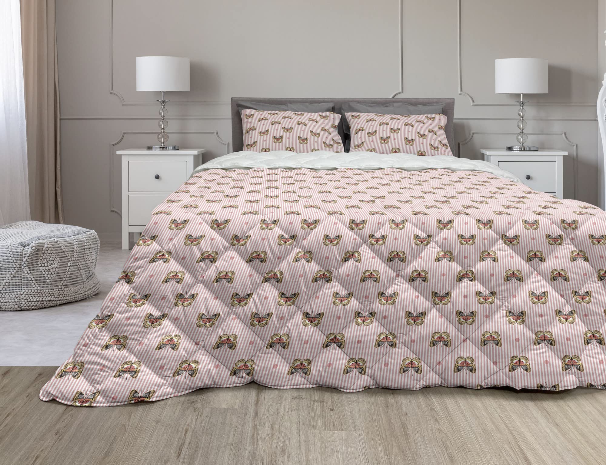 Ambesonne Moth & Butterfly Comforter Set - Twin Size Microfiber Duvet Cover with Abstract Nature Print, Vertical Stripes & Polka Dots - 2 Piece Bedding Set in Dried Rose & Pale Brown - Perfect for Bohemian & Nature-Inspired Bedrooms