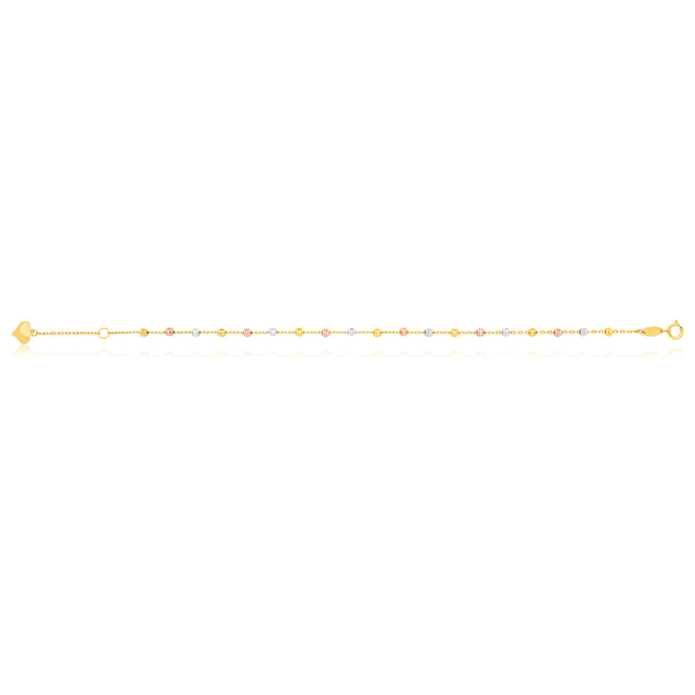 9ct Gold Three-Tone Beaded Bracelet - 17cm Length with 2cm Extension Chain - Elegant Jewelry for Women, Perfect for Parties, Weddings & Everyday Wear