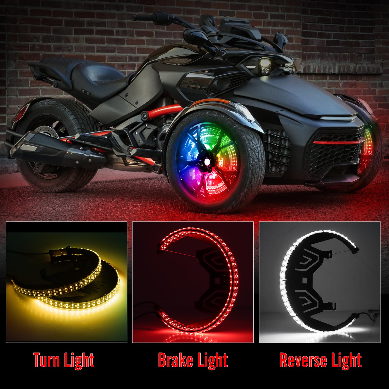 Cam-Am Spyder F3 Wheel Ring Lights (2017-2024 Models F3-S/F3-T/F3 Limited) - Bluetooth RGB LED Accent Lights with Remote Control for Night Riding & Custom Styling