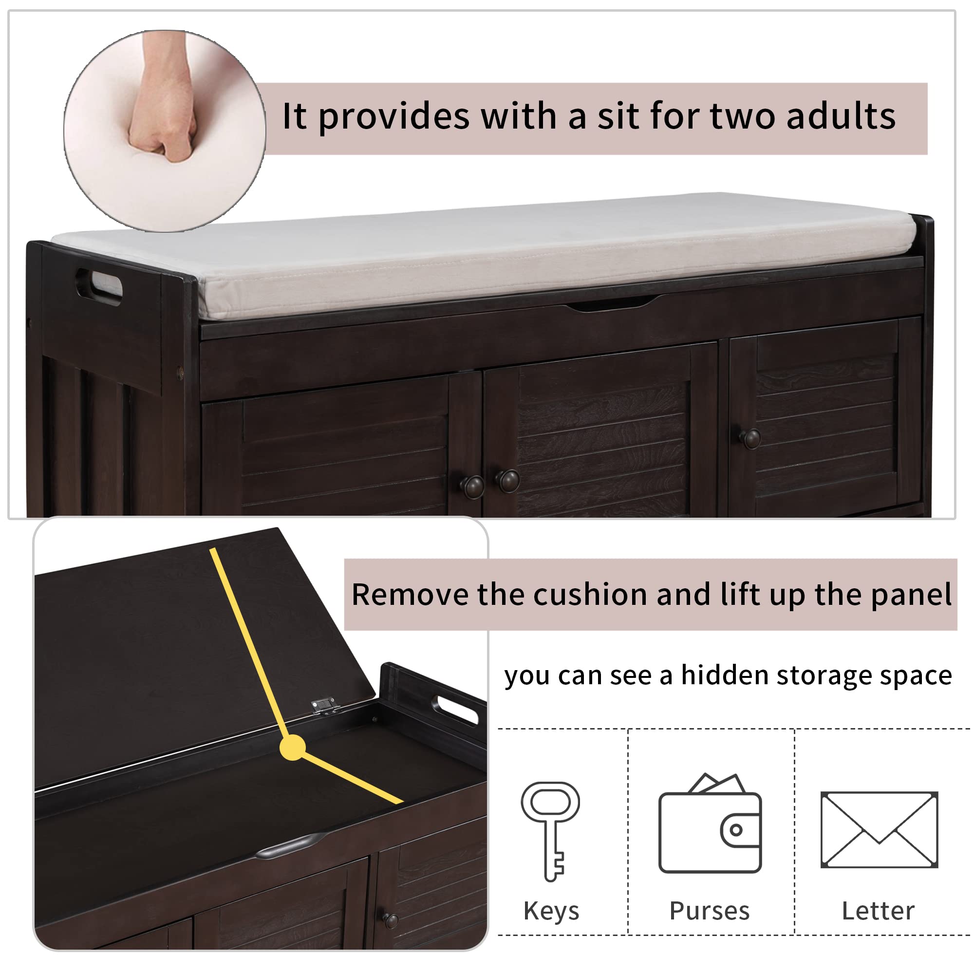 P PURLOVE Wooden Storage Bench with 3 Shutter Doors - Shoe Bench with 2-Size Storage Space, Removable Cushion & Hidden Compartment - Perfect for Living Room Entryway, Hallway, Bedroom & Mudroom Organization