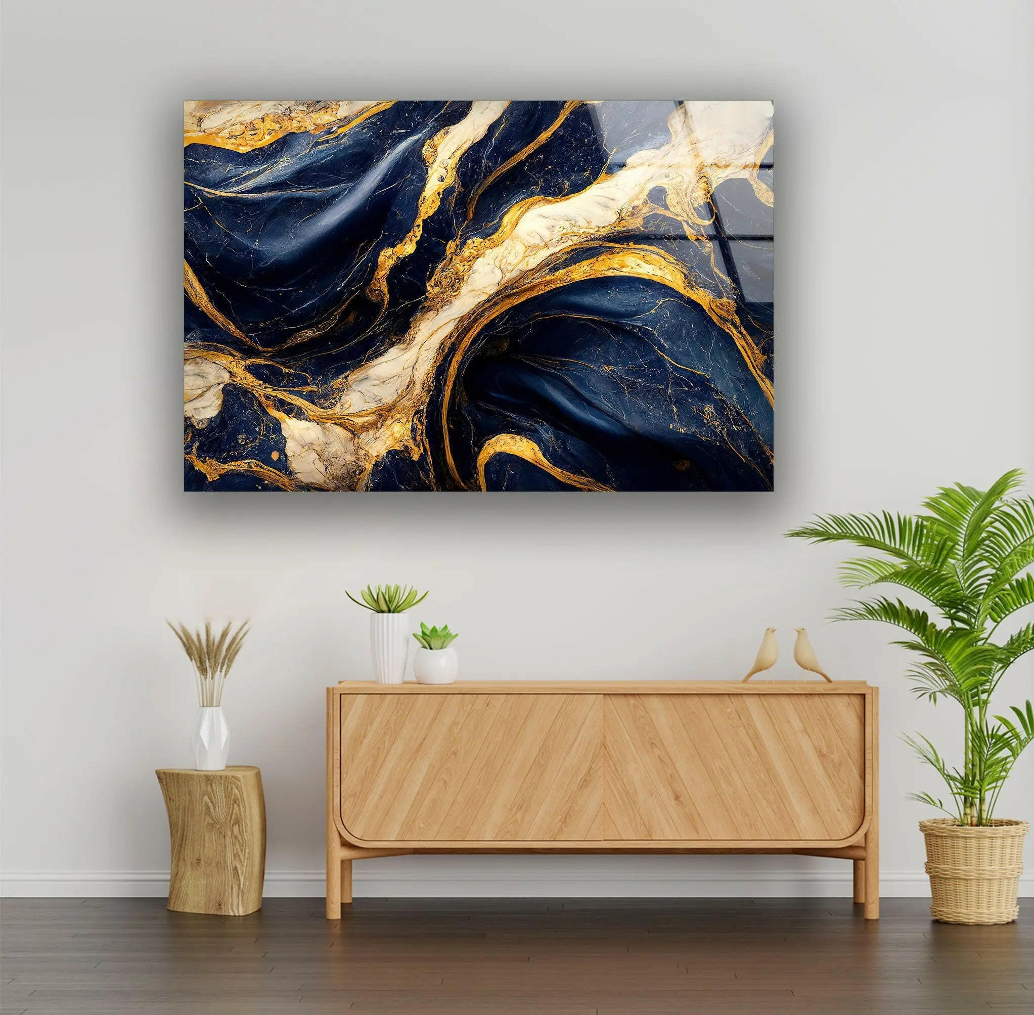 Abstract Marble Dark Blue and Gold Glass Wall Art - Modern Home Decor for Living Room, Bedroom & Office - Elegant Handmade Glass Painting for Wall Display