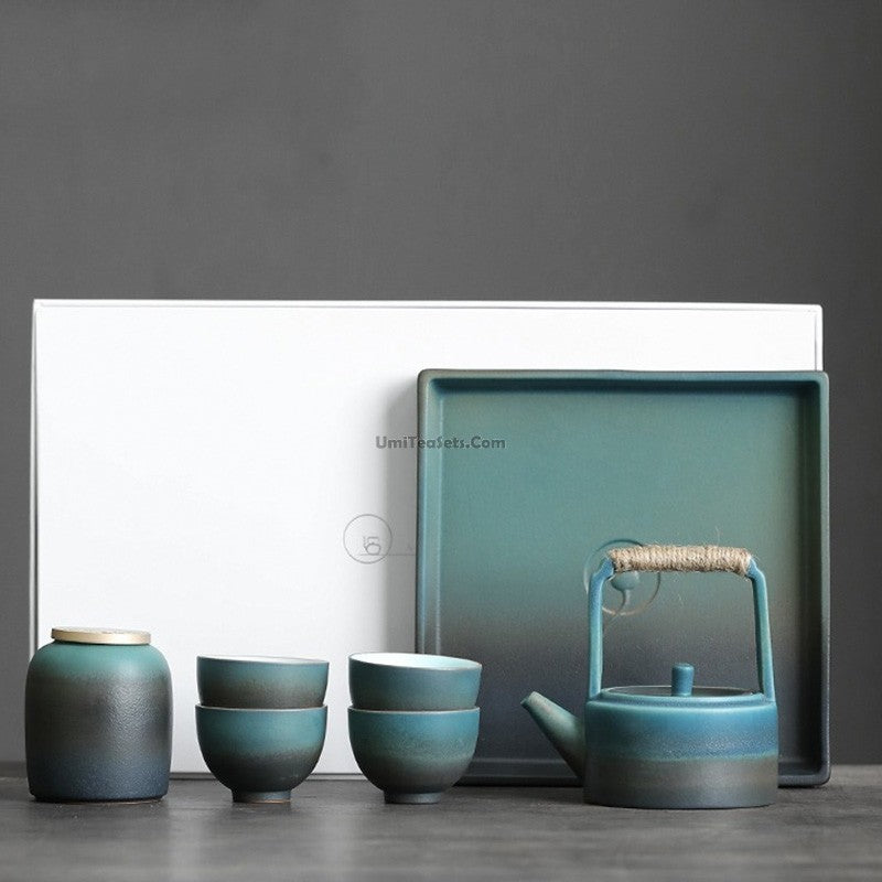 Premium Japanese Cyan Ceramic Tea Set - Traditional Handcrafted 6-Piece Set for Matcha, Green Tea & Herbal Tea | Perfect for Home, Office & Tea Ceremonies