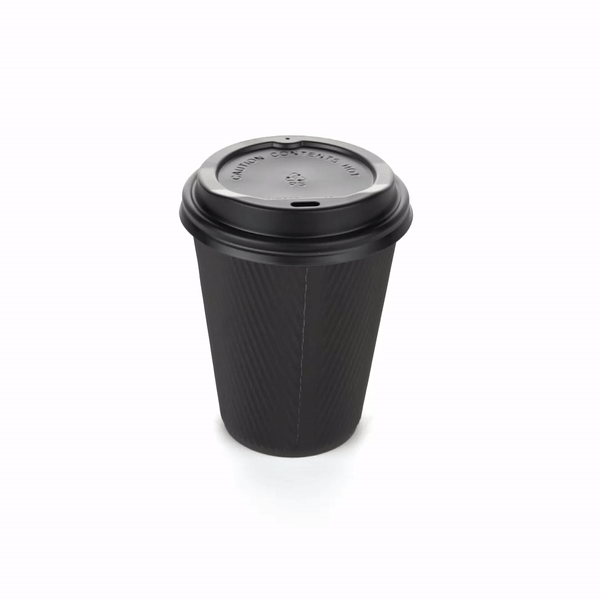 12 oz Black Paper Ripple Wall Coffee Cups with Black Lids - 3.5