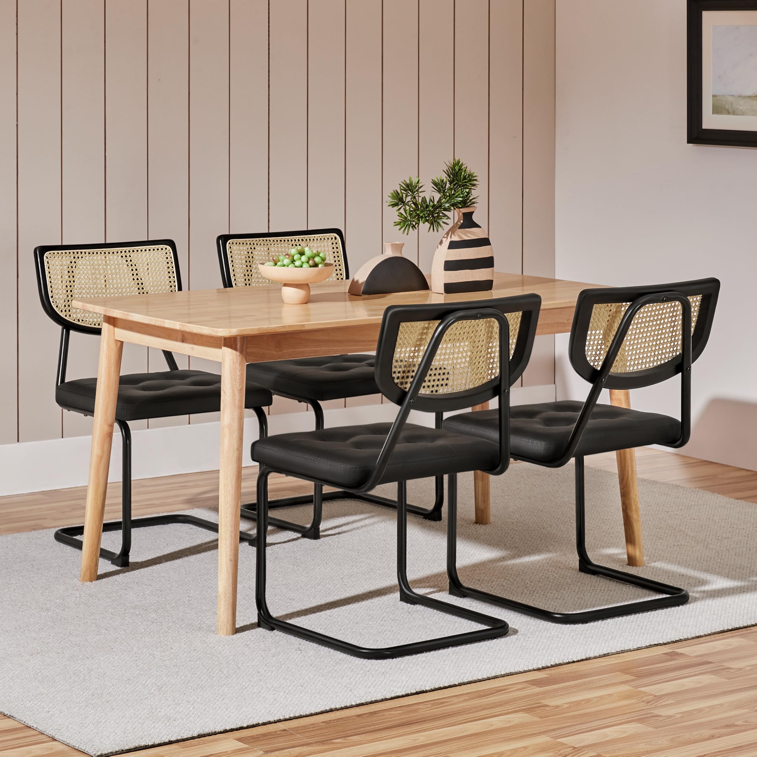 Yaheetech 4-Piece Rattan Dining Chair Set - Mid Century Modern Kitchen Chairs with Metal Legs & Upholstered Faux Leather Seat - Black Dining Room Chairs for Home, Kitchen, Living Room - Perfect for Indoor Dining, Entertaining & Small Space Decor