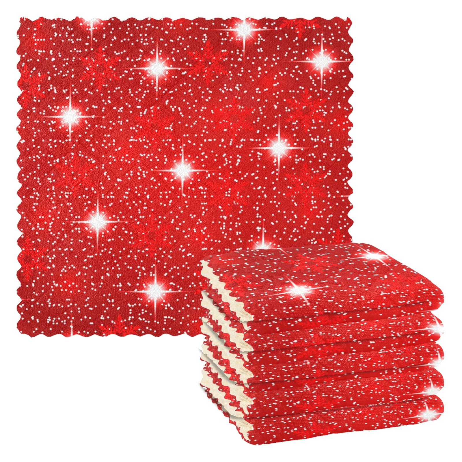 Red Christmas Snowflake Dish Towels 6 Pack - Reusable Kitchen Cleaning Cloths for Holiday Cooking