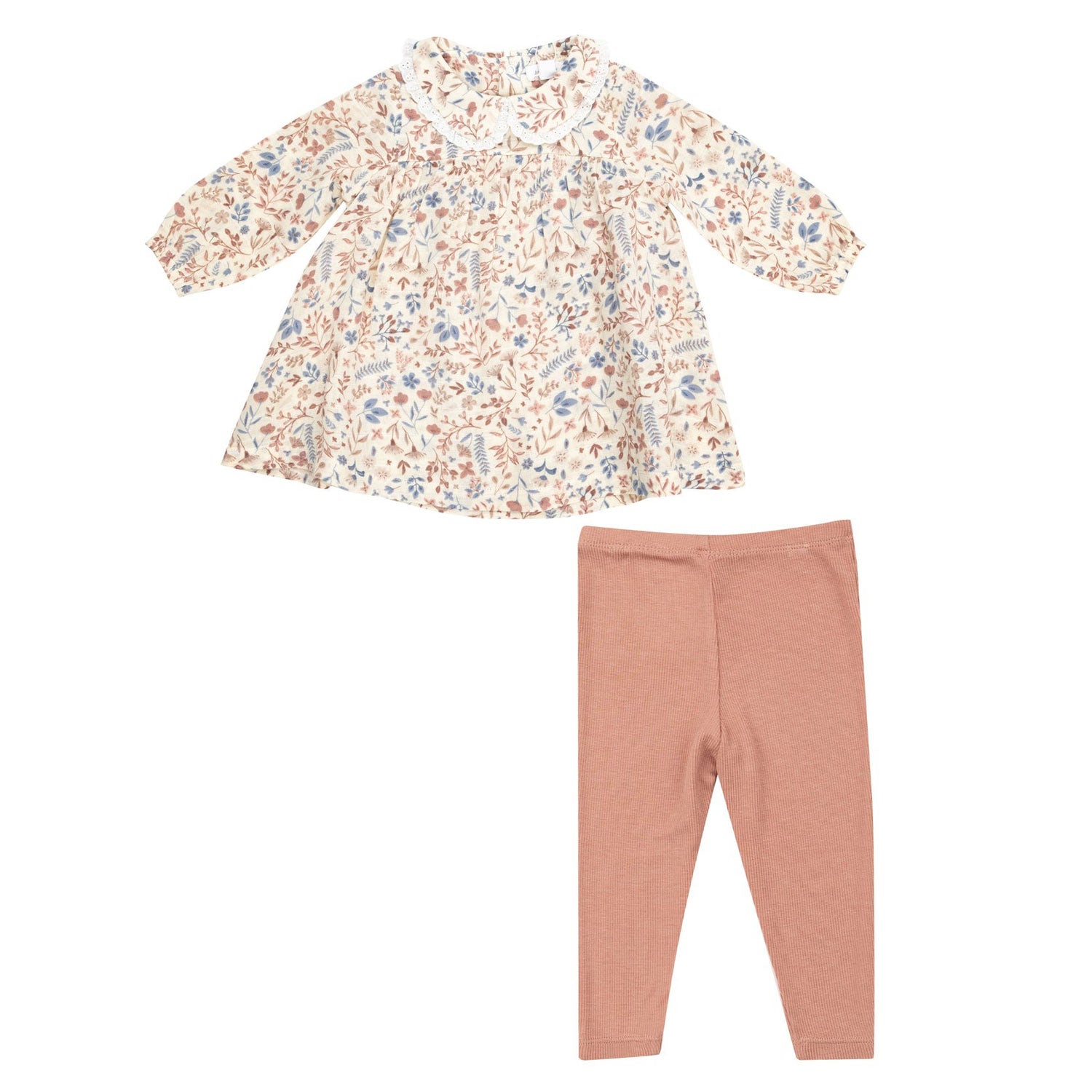 Muslin Peter Pan Ruffle Collar Dress and Ribbon Leggings Set - Western Floral Print Pink Baby Girl Outfit for Photoshoot, Birthday Party & Special Occasions