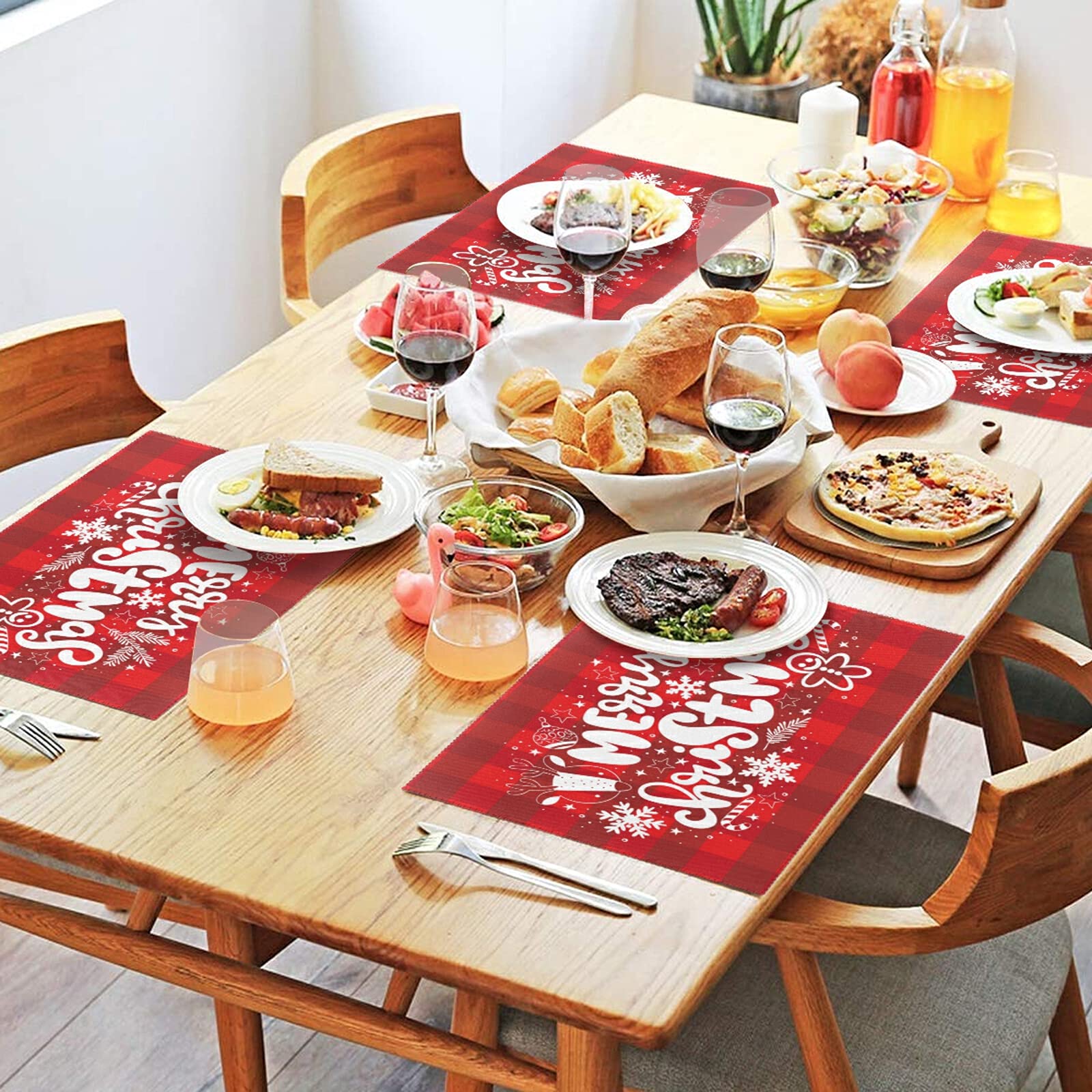 Merry Christmas Placemats Set of 4 - Holiday Plaid Non-Slip Heat-Resistant Washable Table Mats for Kitchen & Dining - 12