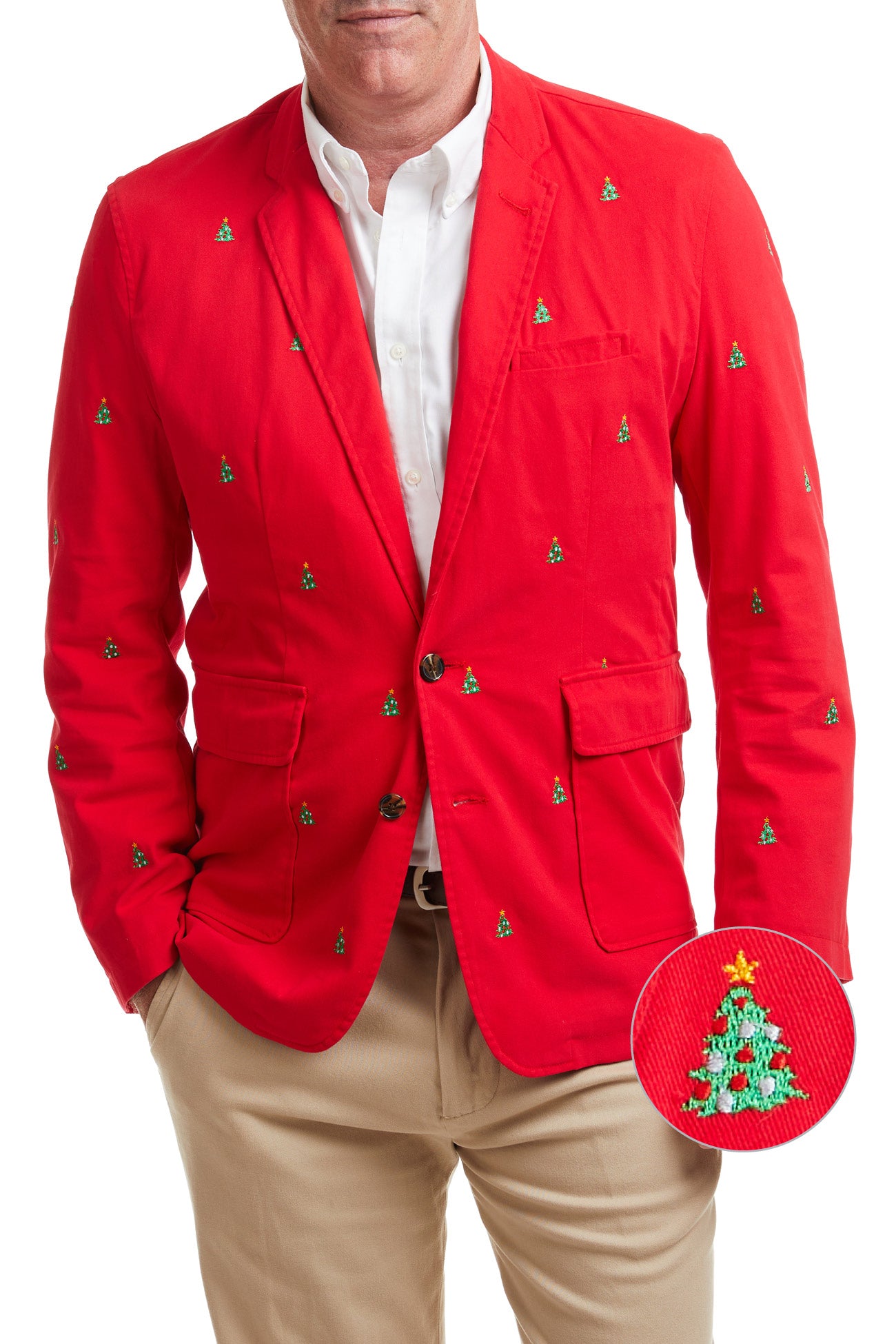 Spinnaker Blazer Bright Red with Christmas Trees - Stylish Holiday Party Jacket for Men, Festive Christmas Outfit, Office Holiday Attire