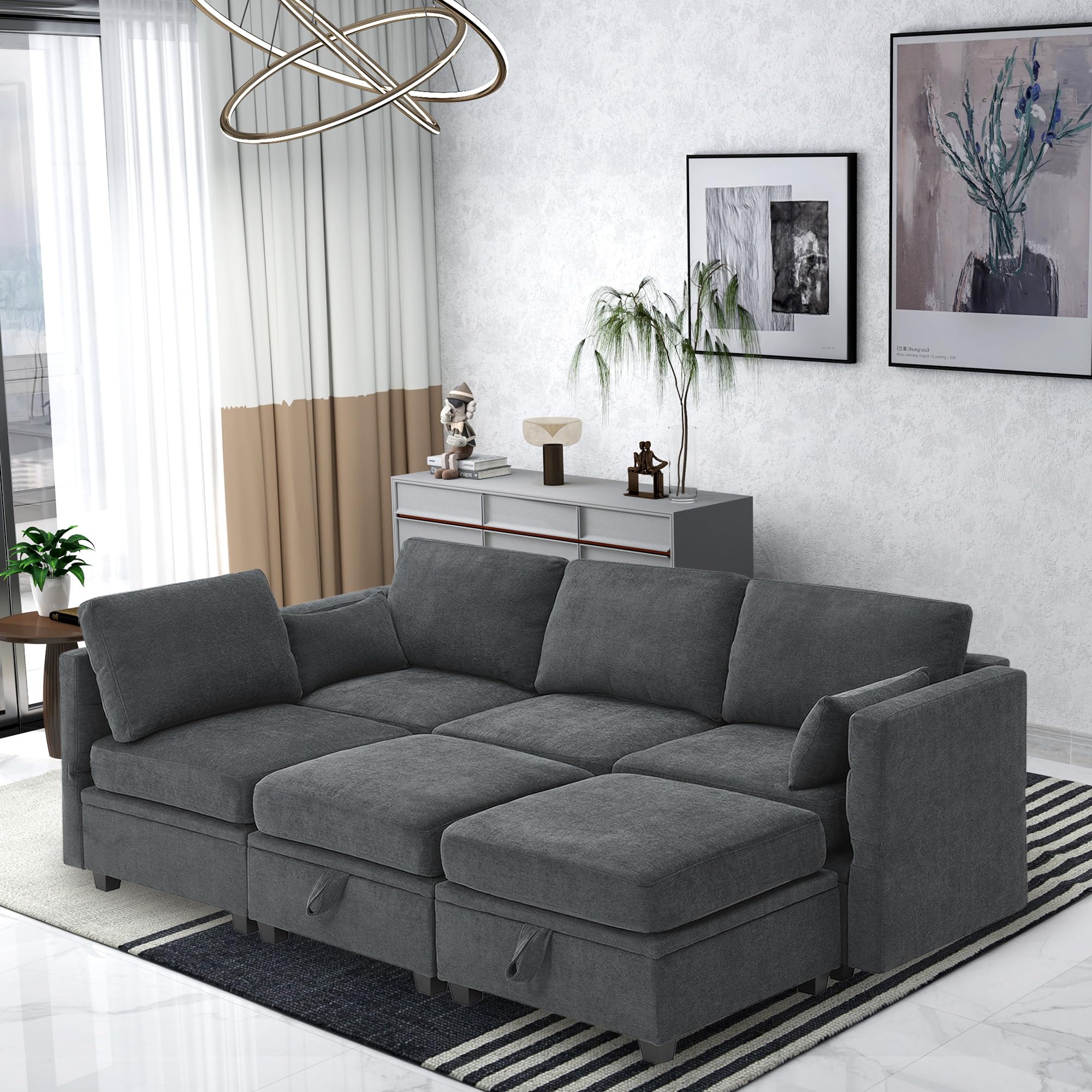 Modular U-Shaped Sectional Sofa with Storage Seat & Convertible Sleeper Sofa Bed - L-Shaped Living Room Couch Set with Ottoman for Small Spaces, Apartments, Home Office (Gray) | Perfect for Movie Nights, Guest Accommodation & Space-Saving Living Rooms
