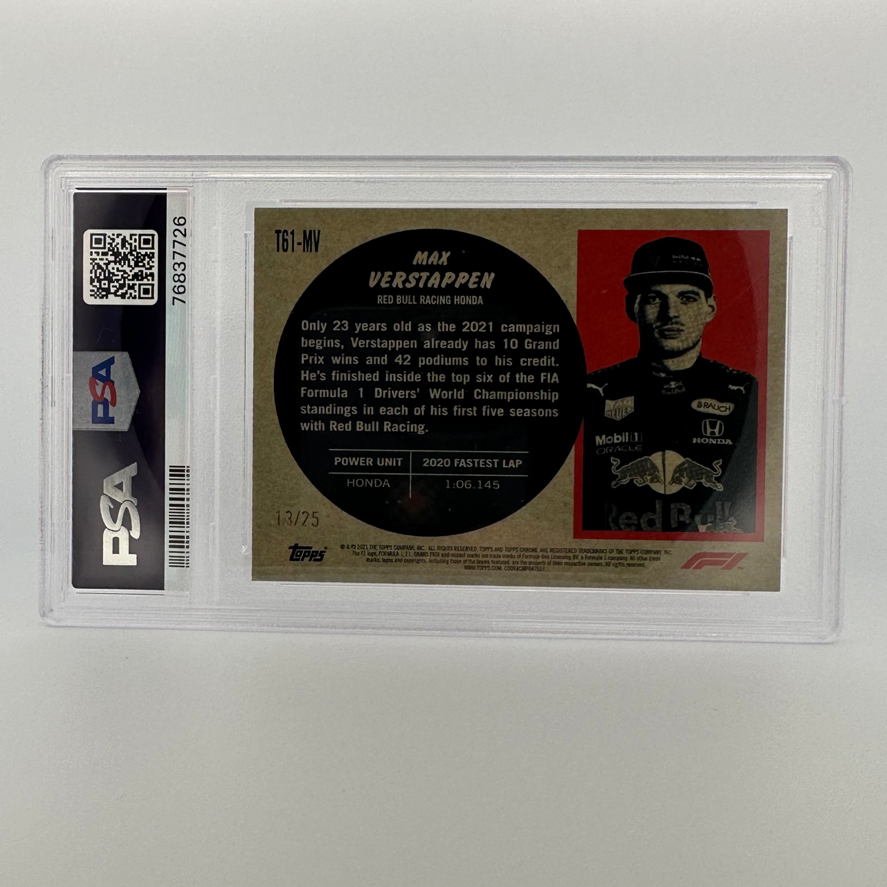 PSA 10 13/25 MAX VERSTAPPEN #T61MV 1961 Topps Sports Cars Orange Refractor - Rare Collectible Racing Card for Display & Investment
