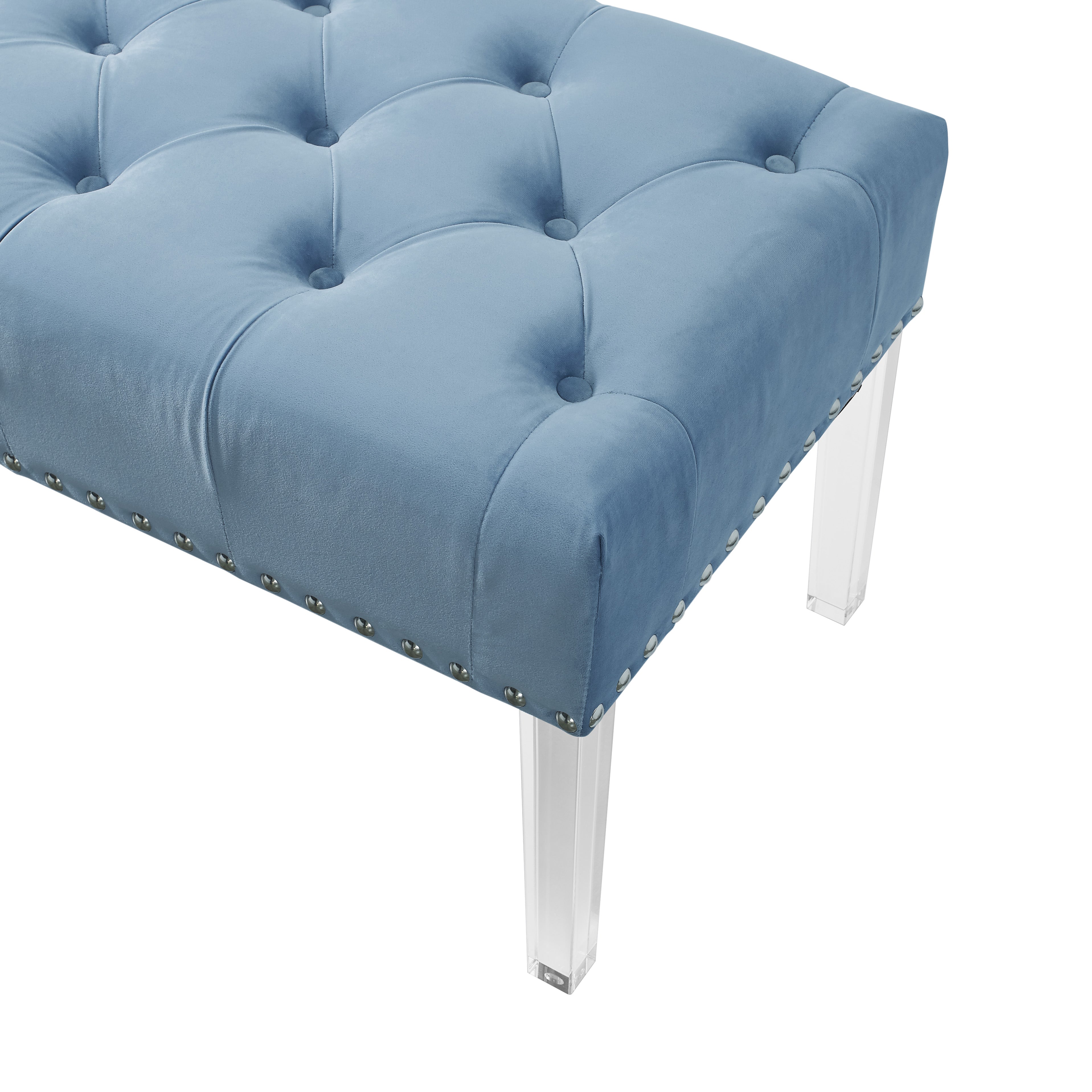 Roundhill Furniture Valley Button Tufted Velvet Upholstered Bench with Acrylic Legs - Luxurious Blue Velvet Seat for Bedroom, Living Room & Entryway Decor