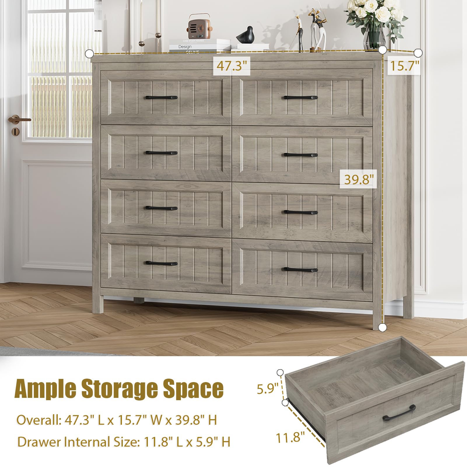 Farmhouse 8-Drawer Dresser for Bedroom - Large Solid Wood Dresser with Deep Storage Drawers, Double Grey Dresser for Hallway & Entryway | Perfect for Bedroom Organization, Guest Room Storage & Entryway Decor (Gray)