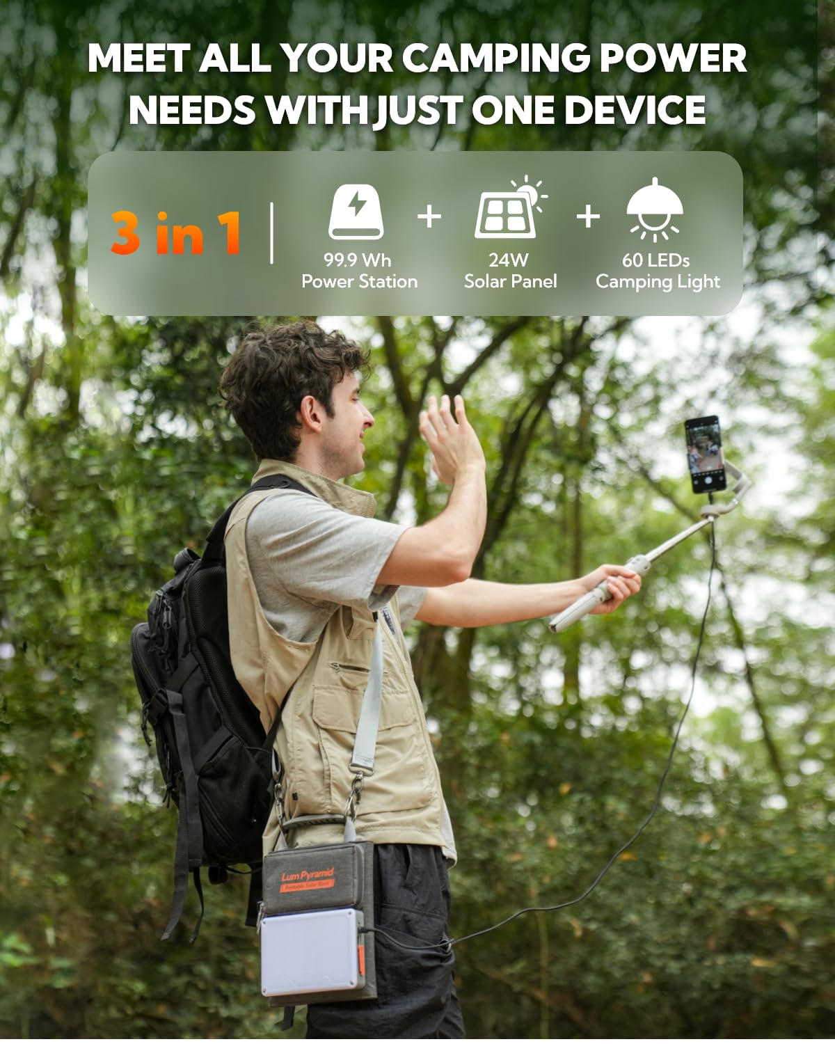 LUM Pyramid Portable Solar Charger 99.9Wh Power Bank with 24W Foldable Solar Panel, Adjustable LED Camping Light, 65W PD USB-C & 22W QC3.0 USB-A - Perfect for Outdoor Adventures, Camping, Hiking, and Emergency Power Backup