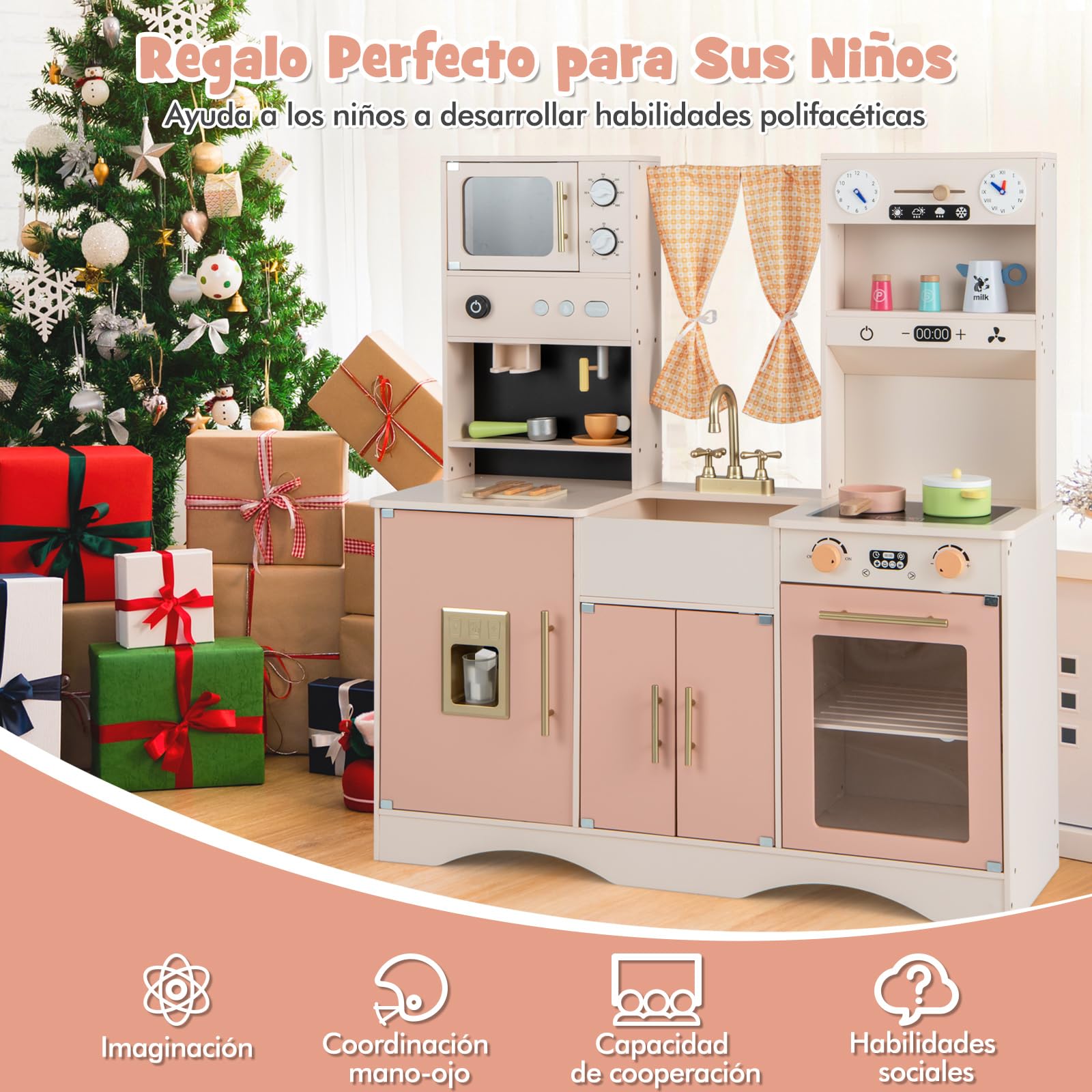 COSTWAY Wooden Play Kitchen Toy with Microwave, Coffee Maker, Ice Machine, Sink, Clock, Oven & Accessories - Pink Pretend Cooking Set for Toddlers & Kids Ages 3+ | Interactive Role Play, Imaginative Fun, Birthday Gift for Girls & Boys | Perfect for Home, Preschool & Daycare Playrooms