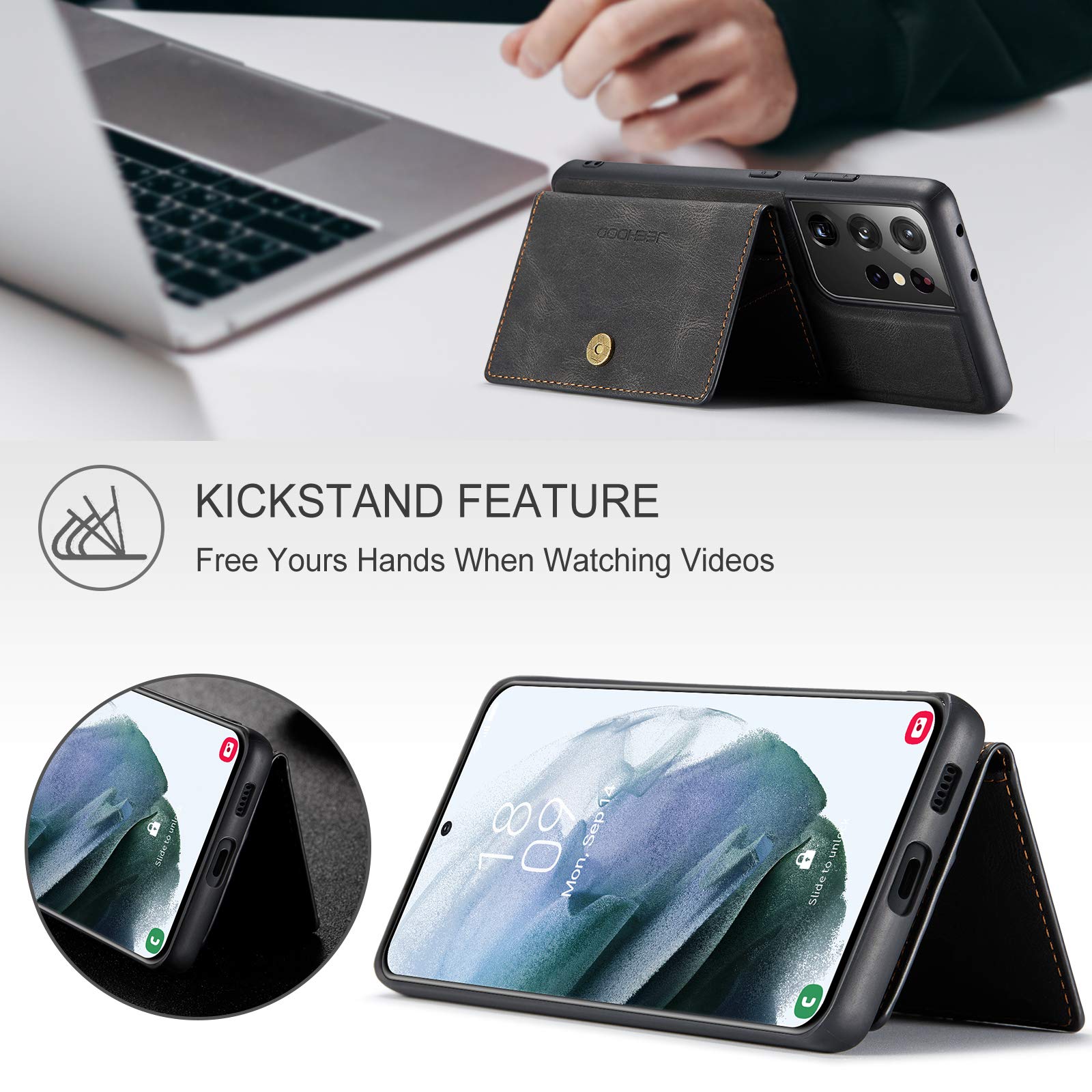 Magnetic Wallet Case for Samsung S21 Ultra - Detachable Leather Credit Card Holder with Money Clip | Front Pocket Stand | Shockproof & Wireless Charging Compatible | for Men & Women (Black) | Perfect for Everyday Use, Travel & Business Meetings