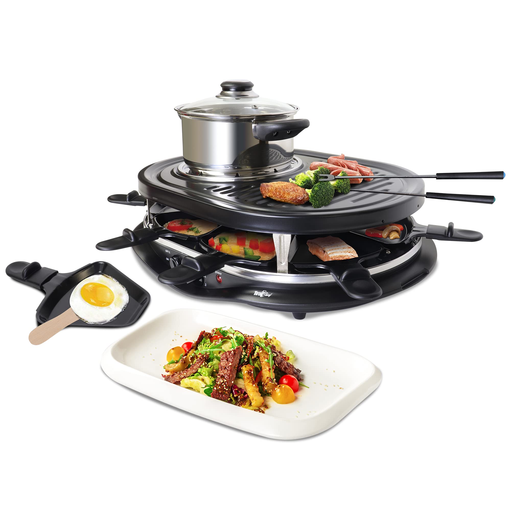 Koolatron Electric Raclette Grill & Fondue Set - 8-Person Party Grill with Non-Stick Pans & Melting Trays - Perfect for Family Gatherings, Dinner Parties & Holiday Entertaining