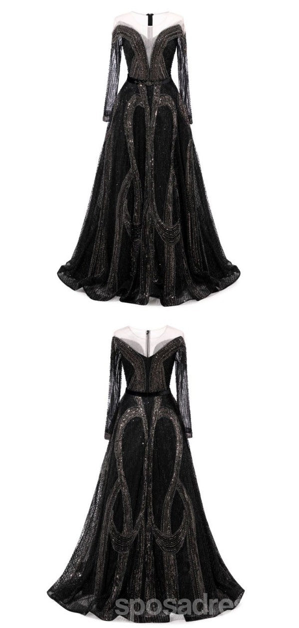 Elegant Black A-Line Long Sleeve Maxi Party Prom Dress for Women - Formal Evening Gown for Homecoming, Wedding Guest & Special Occasions