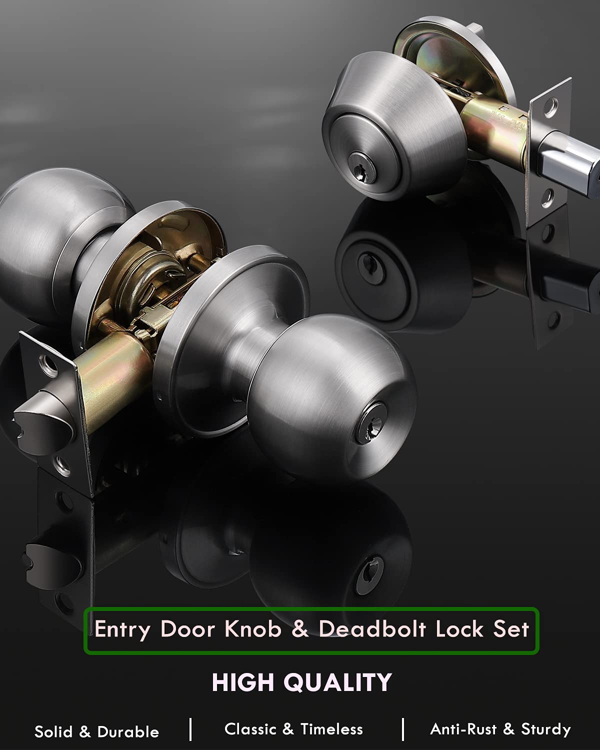 2 Pack Keyed Alike Door Knob & Deadbolt Set - Satin Nickel Finish for Home Security
