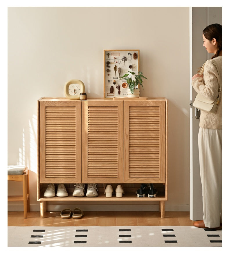 Solid Oak Wood Modern Shoe Cabinet with Storage - Stylish Entryway Organizer for Home & Office