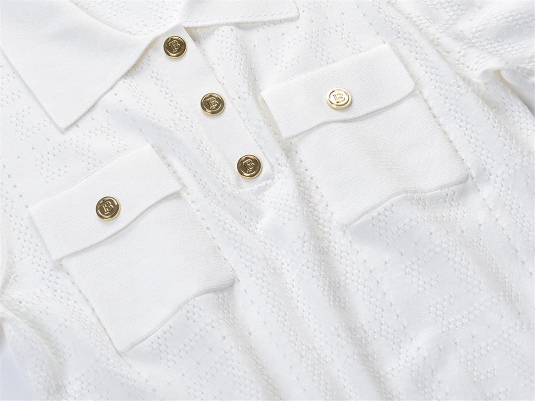 Women's White & Black Knitted Sweater with Gold Buttons - Short Sleeve Summer Pullover Top for Casual Wear | Office, Date Night, Weekend Outfits