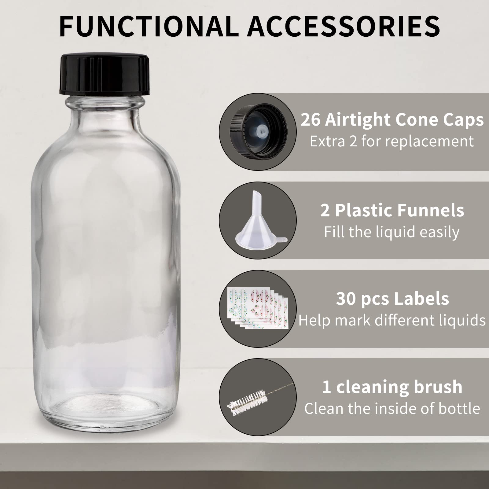24 Pack 4 oz (120ml) Clear Glass Bottles with Black Caps - Boston Round Sample Bottles for Essential Oils, DIY Crafts, Spices & Liquids | Includes Labels, Funnels & Brush for Easy Filling & Organization