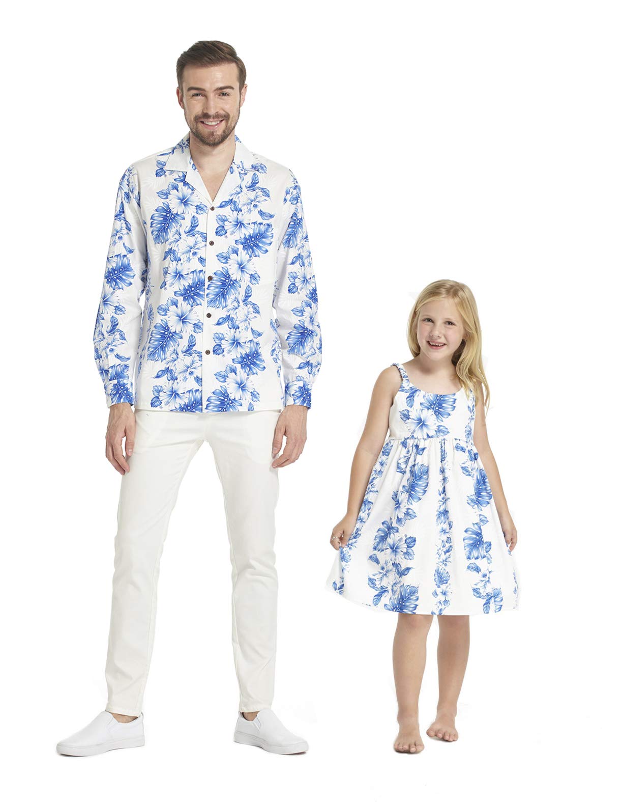 Hawaii-Made Matching Father Daughter Long Sleeve Shirts & Elastic Strap Dress Set - Blue Floral Print on White - Perfect for Family Photos, Vacations and Special Occasions