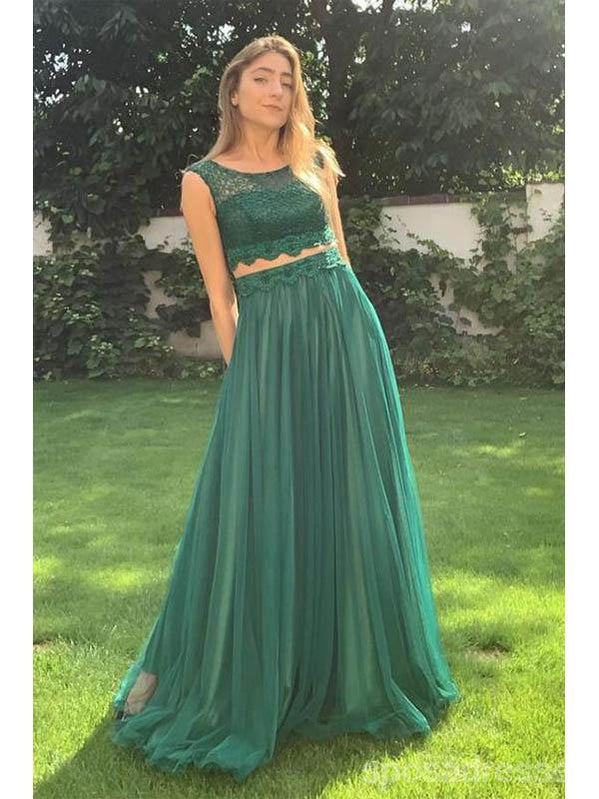 Elegant Green A-Line Two-Piece Sleeveless Long Prom Dress for Women - Perfect for Formal Events, Dances & Special Occasions