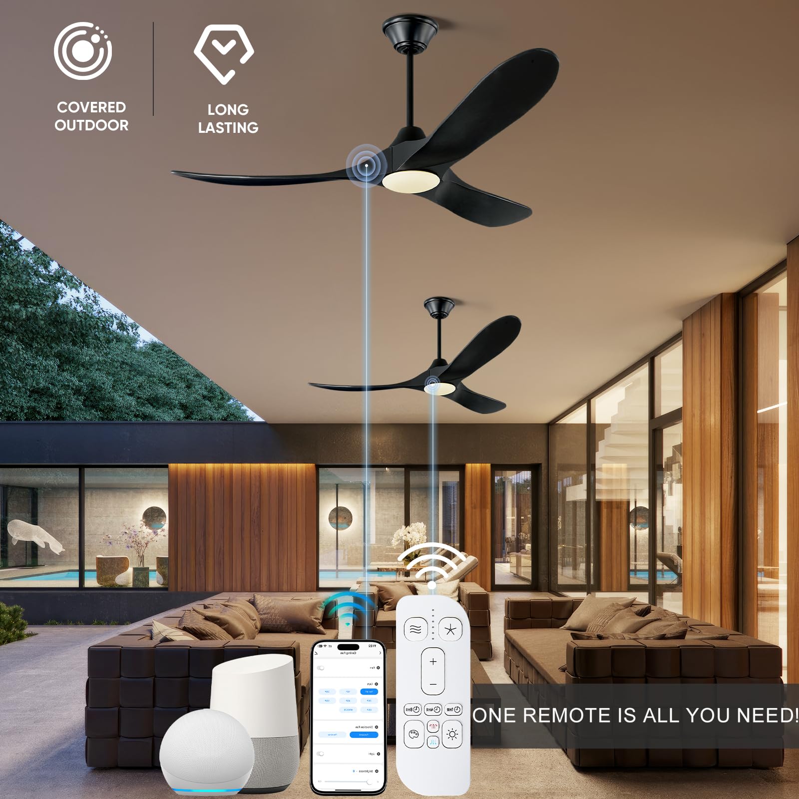 52 Inch Black Smart Ceiling Fan with LED Lights - Outdoor/Indoor Modern Wood Blades Fan - Quiet Reversible DC Motor - Alexa/App/Remote Control - Perfect for Patio, Living Room, Bedroom & Covered Porch