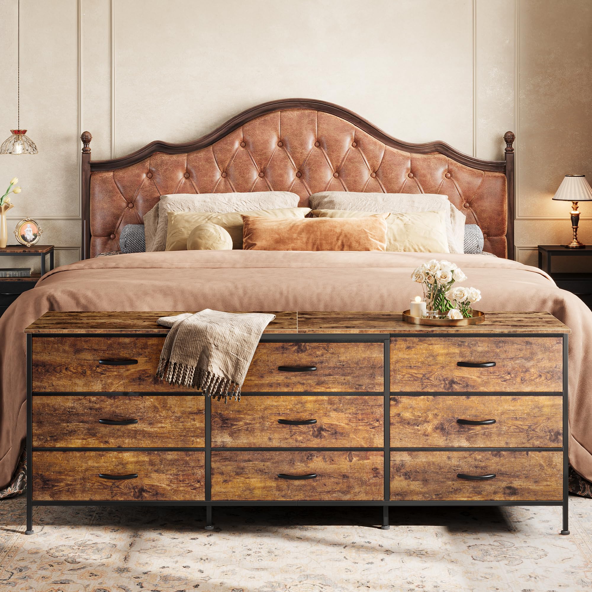 Huuger 63 Inch Rustic Brown Dresser - 9-Drawer Storage Chest for Bedroom & Closet Organization, Large TV Stand Entertainment Center Fits 55/65/70 Inch TVs - Perfect for Master Bedroom, Living Room & Home Office Storage Solutions