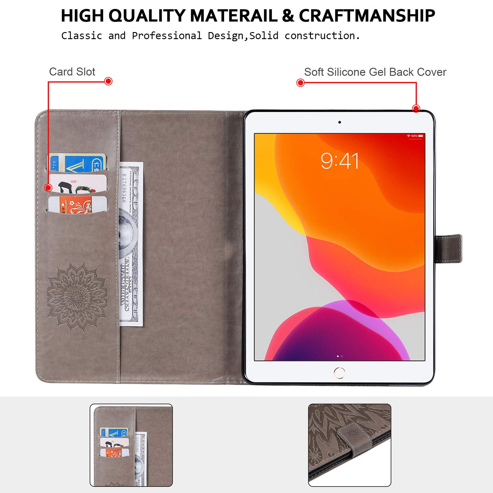 Techcircle Sunflower Embossed PU Leather Folio Case for iPad 9th/8th/7th Generation - Smart Stand Cover with Card Slots, Auto Wake/Sleep, Gray | Perfect for Work, School & Travel Protection