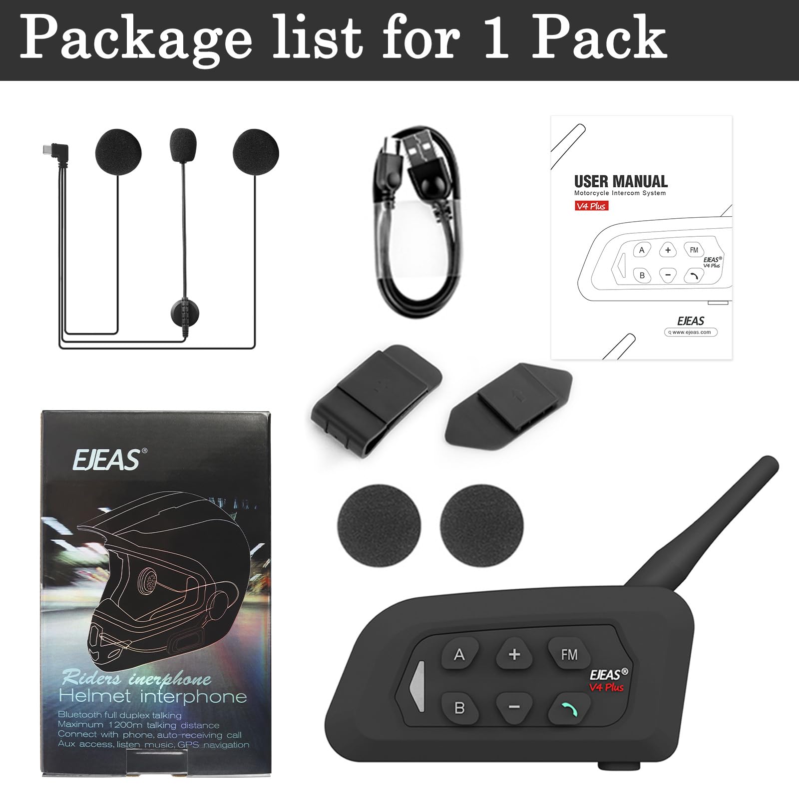 V4 Plus Motorcycle Bluetooth Helmet Intercom Headset - 4 Pack, 4-Way Group Communication System for Motorcycle Riders, Soccer Referees, Skiing & ATV/Off-Road Adventures - Hands-Free Wireless Headset for Safe Riding & Outdoor Sports