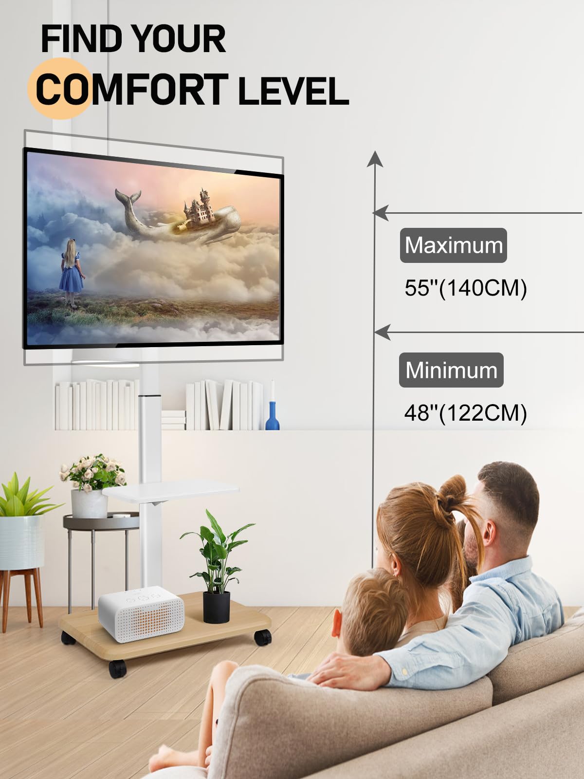 Adjustable Rolling TV Stand for 32-70 Inch Flat/Curved LED/LCD/OLED Screens - Mobile TV Cart with Wheels & Laptop/DVD Shelf - Supports up to 100lbs - Perfect for Bedroom, Living Room & Outdoor Use - White