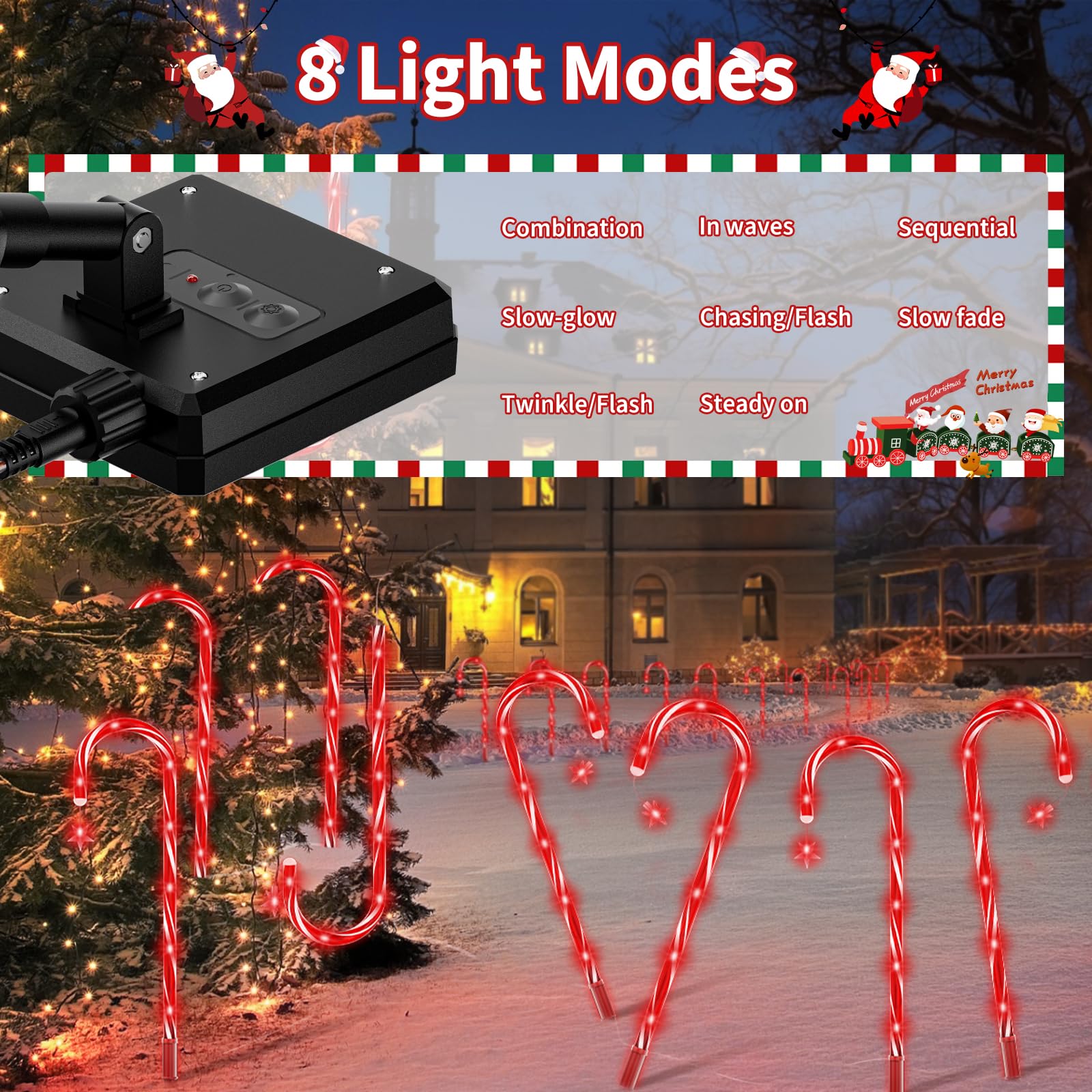 AOSEA 10 Pack Solar Candy Cane Lights - 80 Red LED Christmas Pathway Decorations with 8 Lighting Modes, Waterproof Outdoor Yard Lights for Walkway, Lawn, Garden, Holiday Decor (Perfect for Christmas, Halloween, and Year-Round Landscape Lighting)